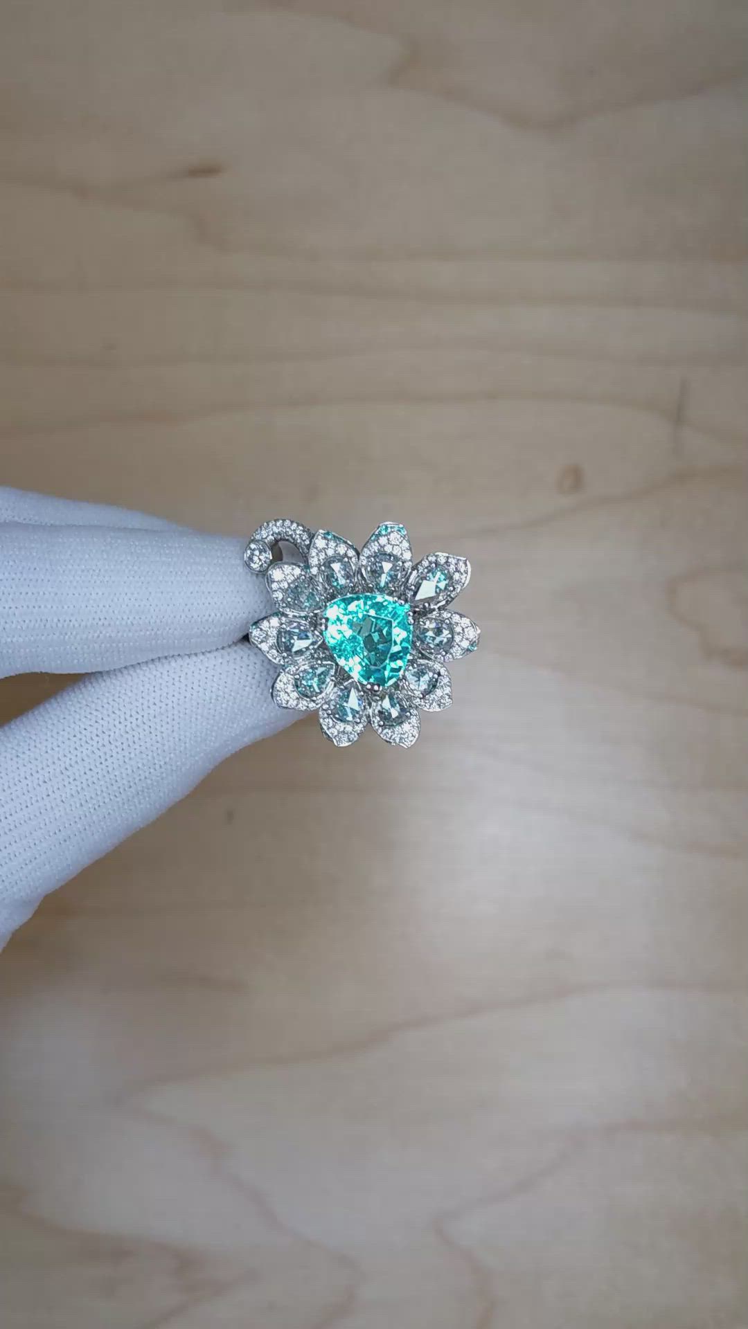 4.21 Ct. Paraiba Tourmaline Natural Diamond Pave Ring, Platinum 950 Size Video