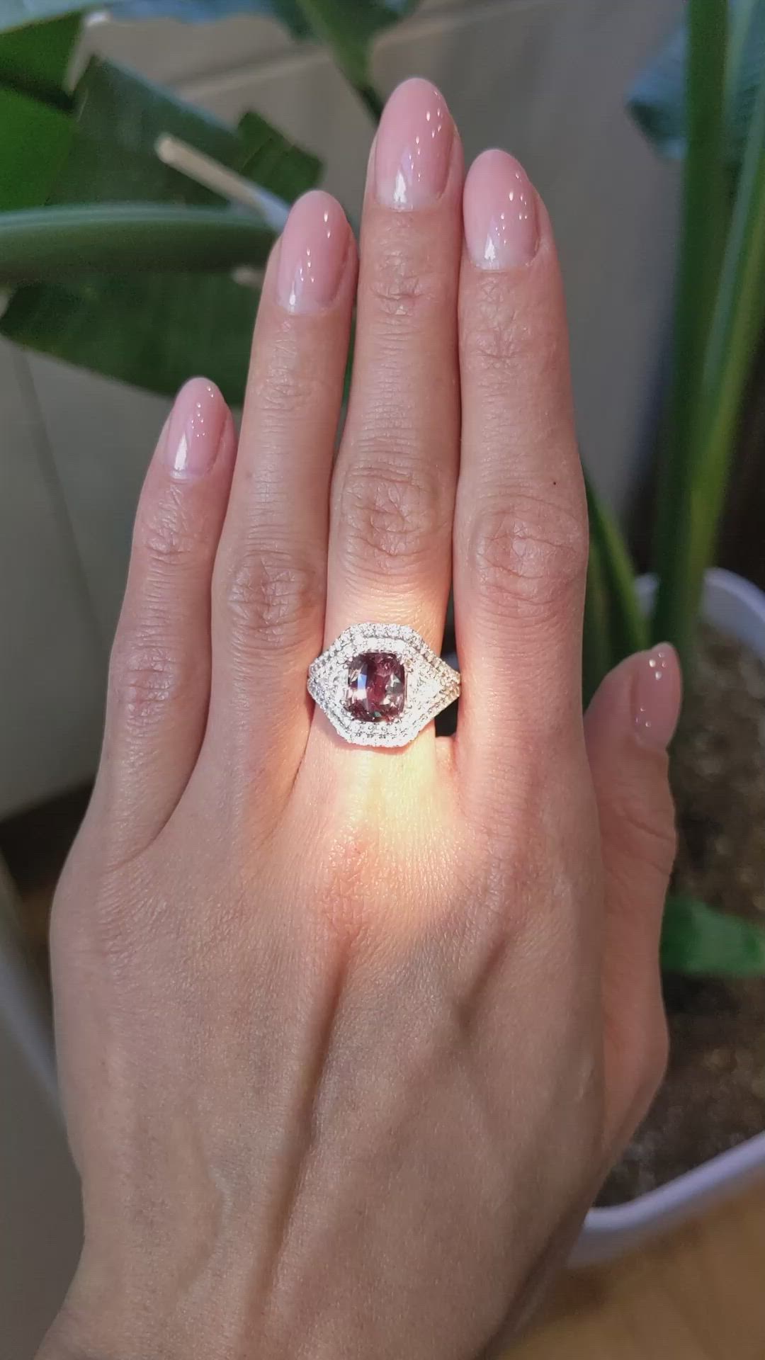 3.04 Ct. Alexandrite Natural Diamond Three Stone Ring, 18K White Gold Size Video