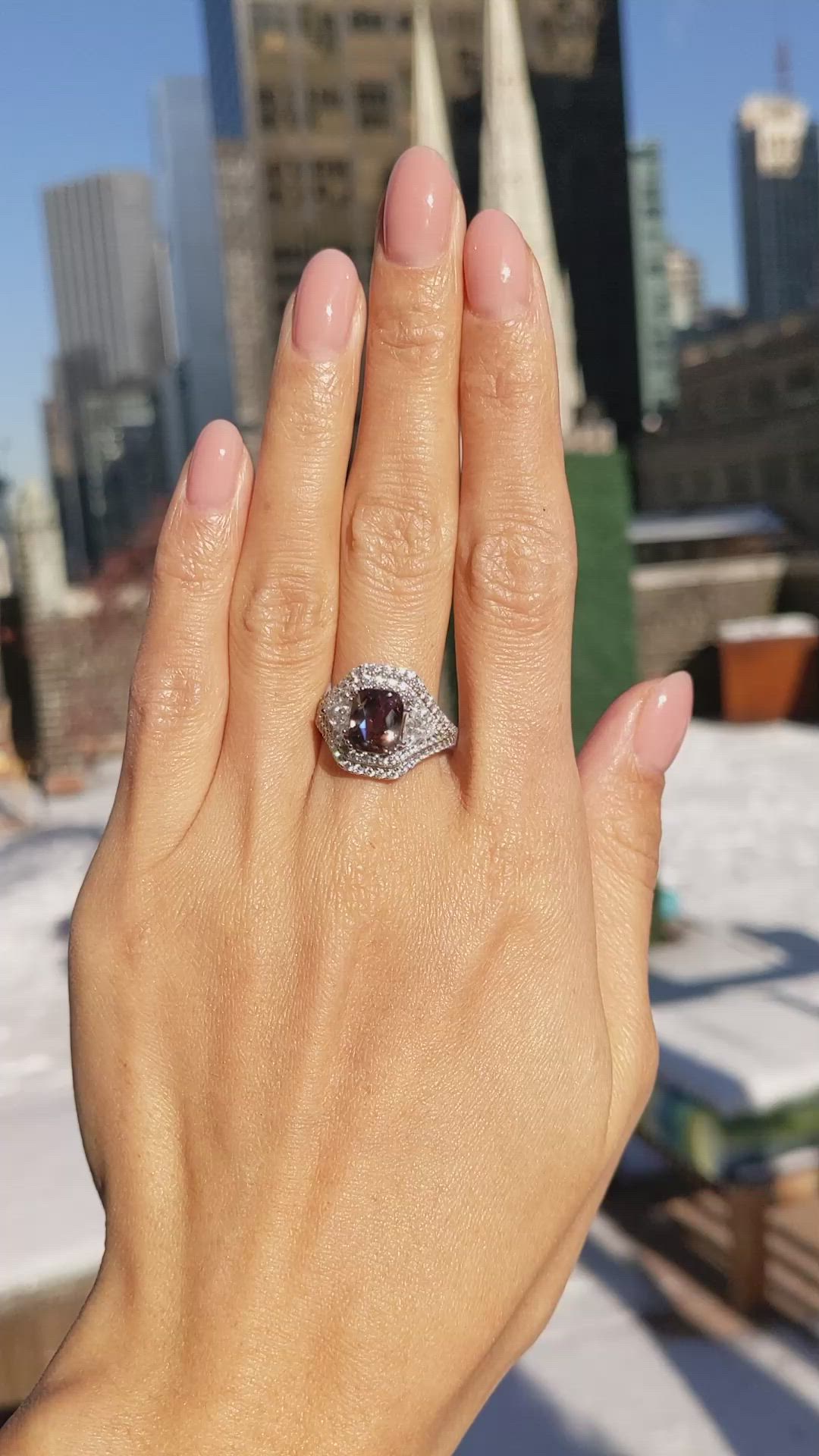 3.04 Ct. Alexandrite Natural Diamond Three Stone Ring, 18K White Gold Size Video