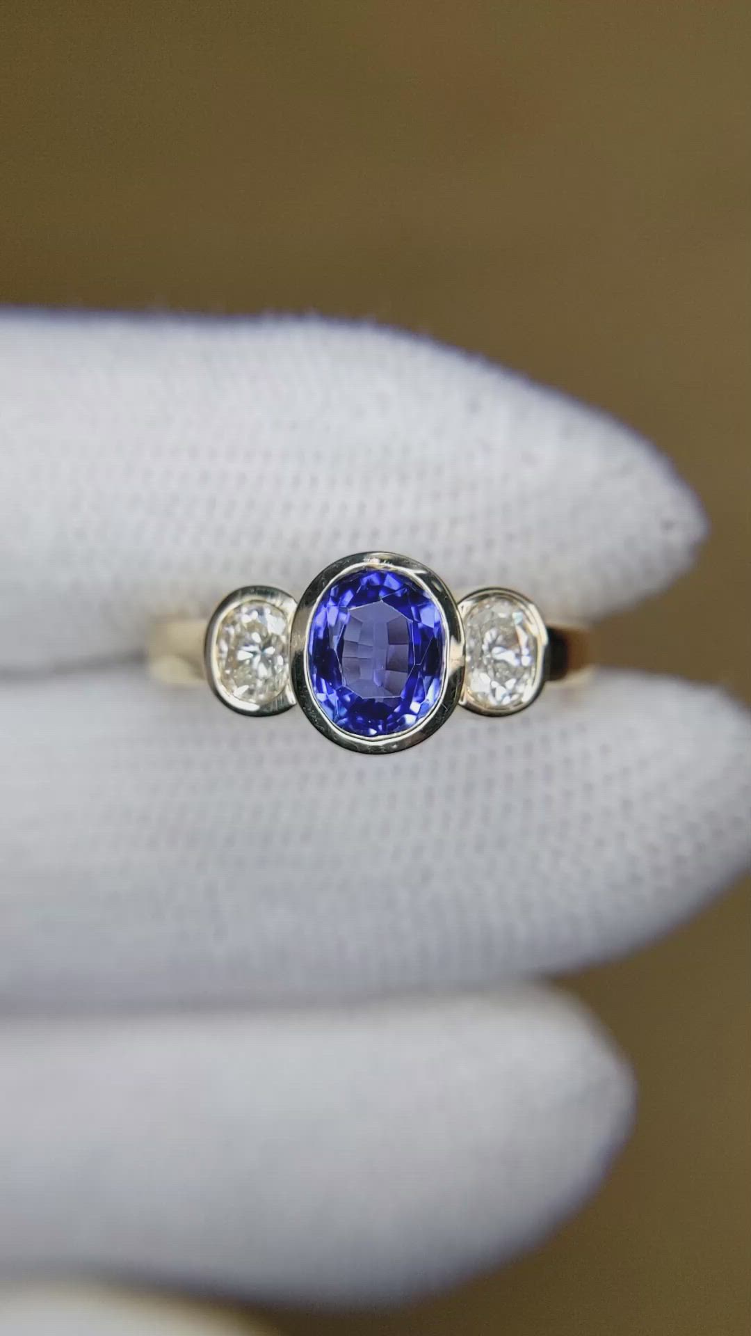 1.04 Ct. Violet Tanzanite and Natural Diamond Three Stone Ring, 14K Yellow Gold Size Video