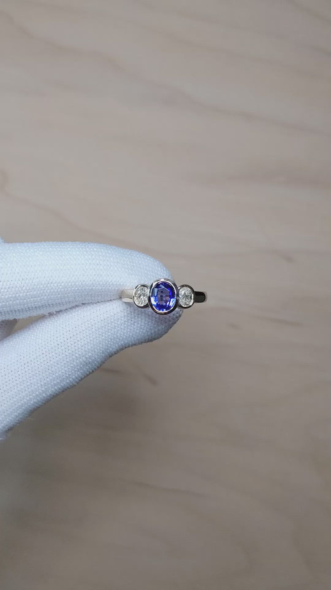 1.04 Ct. Violet Tanzanite and Natural Diamond Three Stone Ring, 14K Yellow Gold Size Video