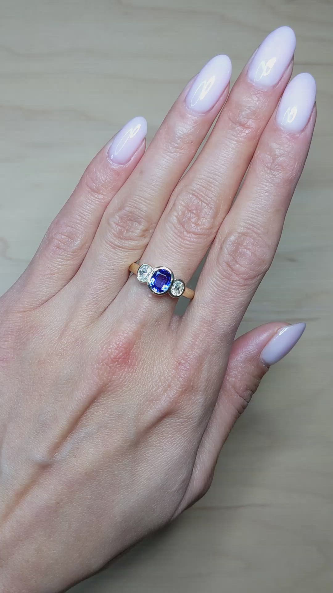 1.04 Ct. Violet Tanzanite and Natural Diamond Three Stone Ring, 14K Yellow Gold Size Video