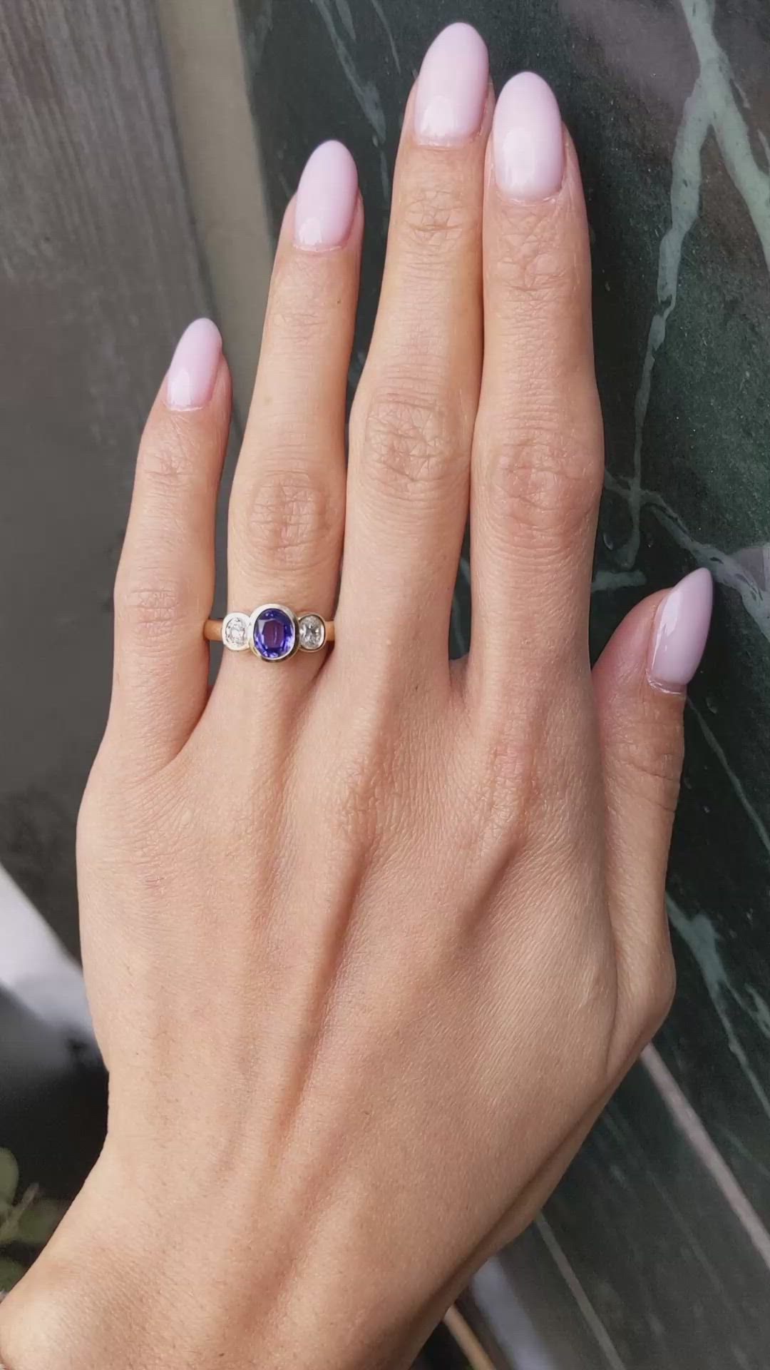 1.04 Ct. Violet Tanzanite and Natural Diamond Three Stone Ring, 14K Yellow Gold Size Video