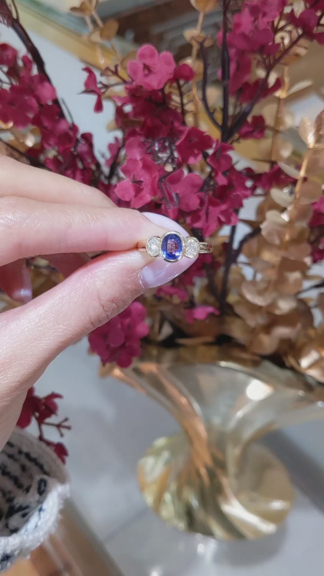 1.04 Ct. Violet Tanzanite and Natural Diamond Three Stone Ring, 14K Yellow Gold Size Video