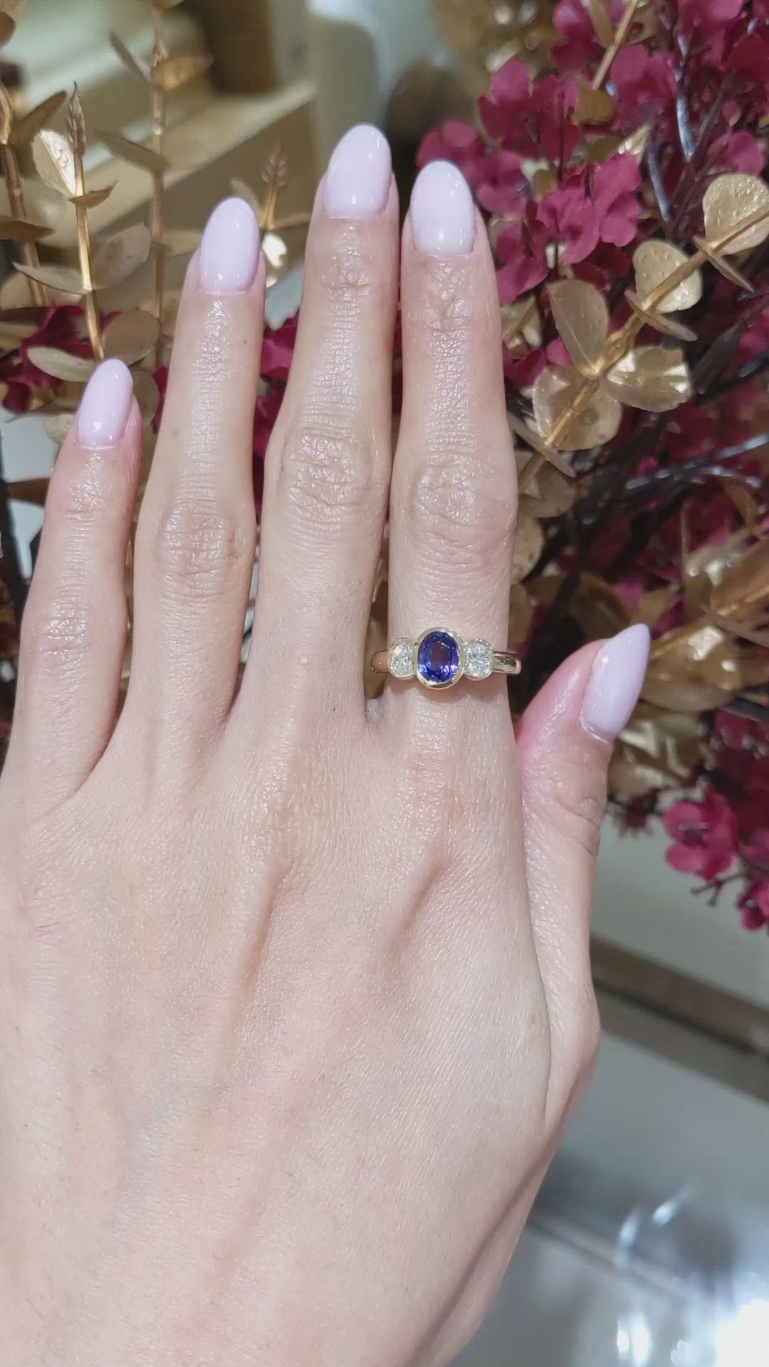 1.04 Ct. Violet Tanzanite and Natural Diamond Three Stone Ring, 14K Yellow Gold Size Video