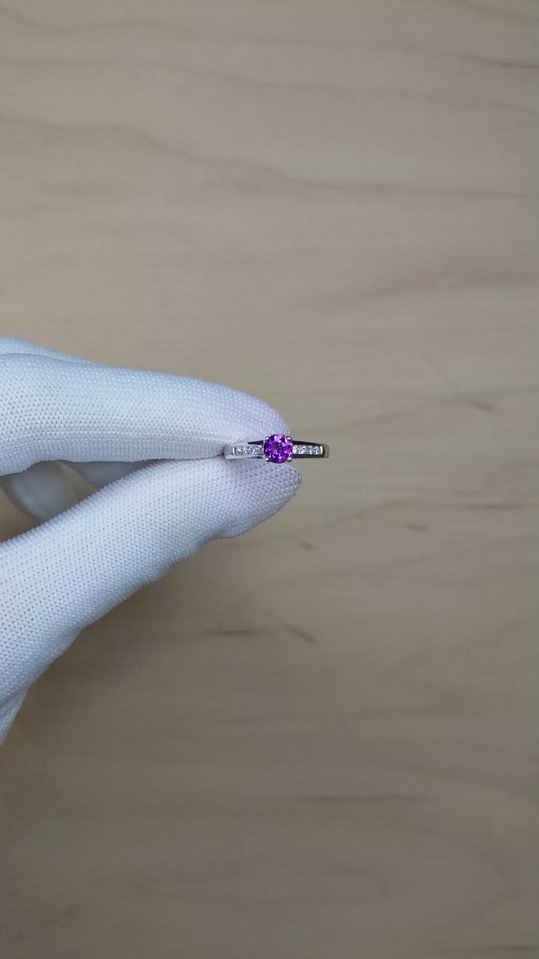 0.42 Ct. Purple Amethyst and Natural Diamond Pave Ring, 14K White Gold Size Video