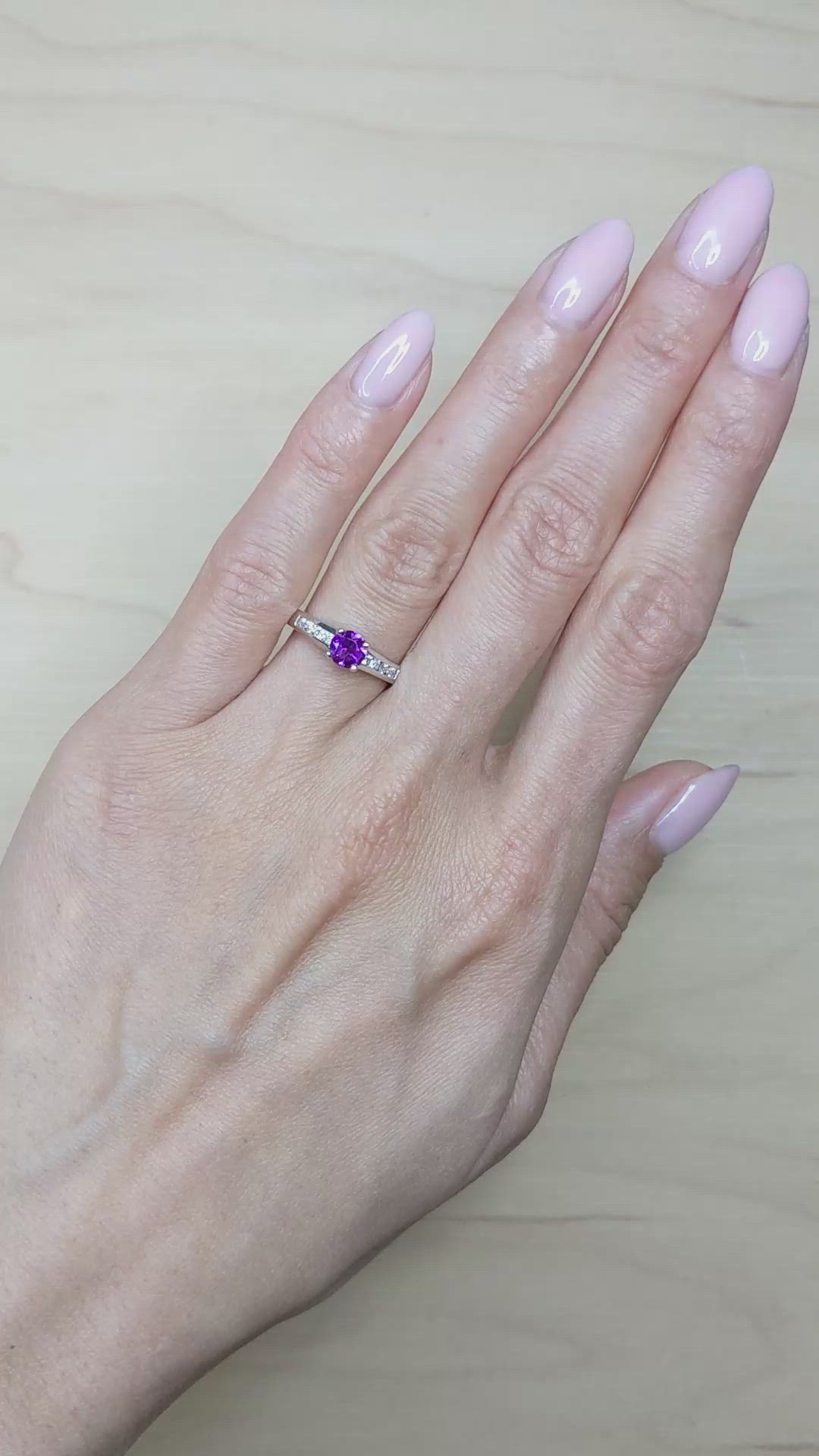 0.42 Ct. Purple Amethyst and Natural Diamond Pave Ring, 14K White Gold Size Video