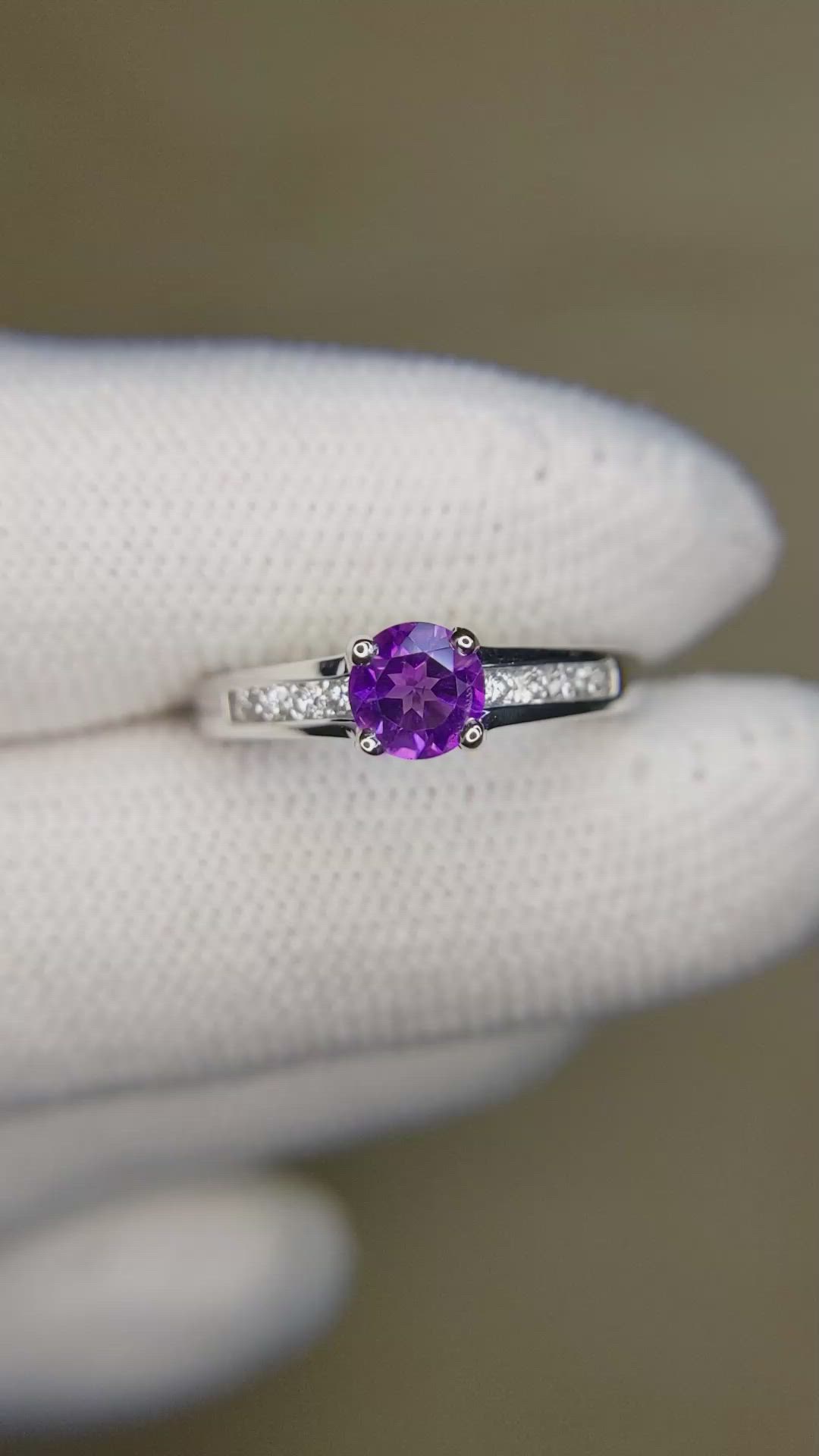 0.42 Ct. Purple Amethyst and Natural Diamond Pave Ring, 14K White Gold Size Video