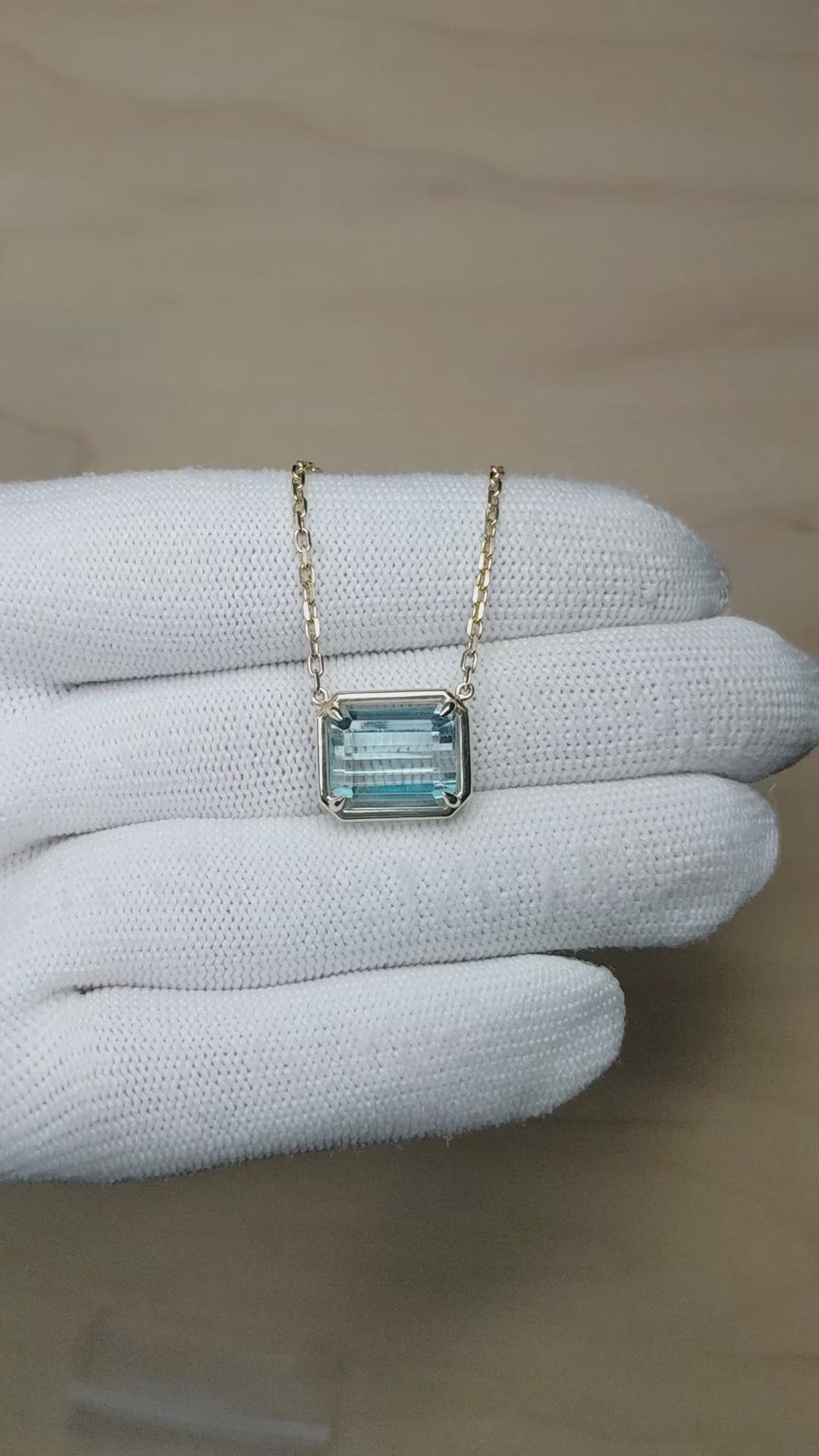 7.80 Ct. Blue Aquamarine Bezel Necklace, 14K Yellow Gold Size Video
