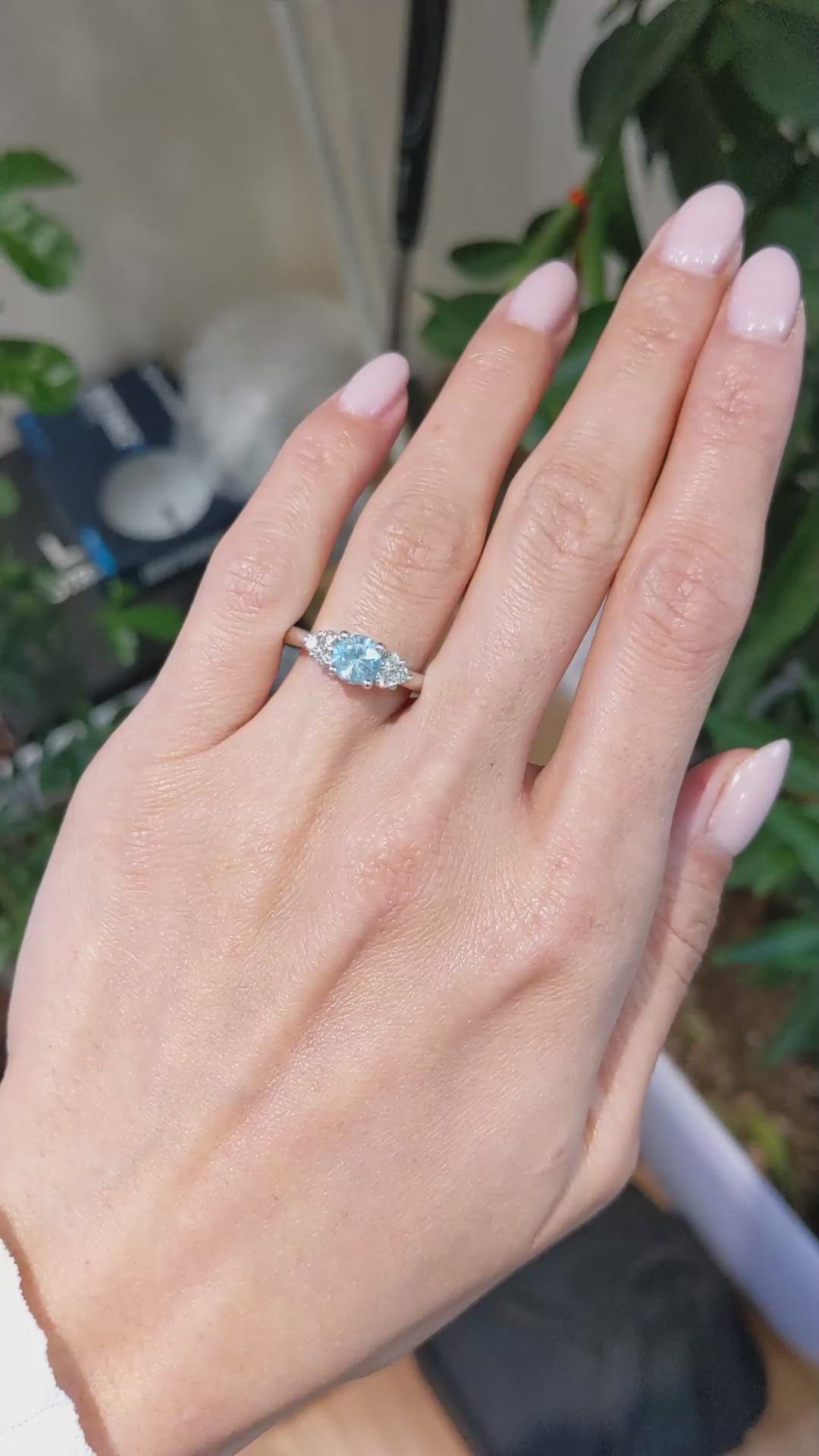 1.74 Ct. Blue Aquamarine and Natural Diamond Three Stone Ring, Platinum 950 Size Video