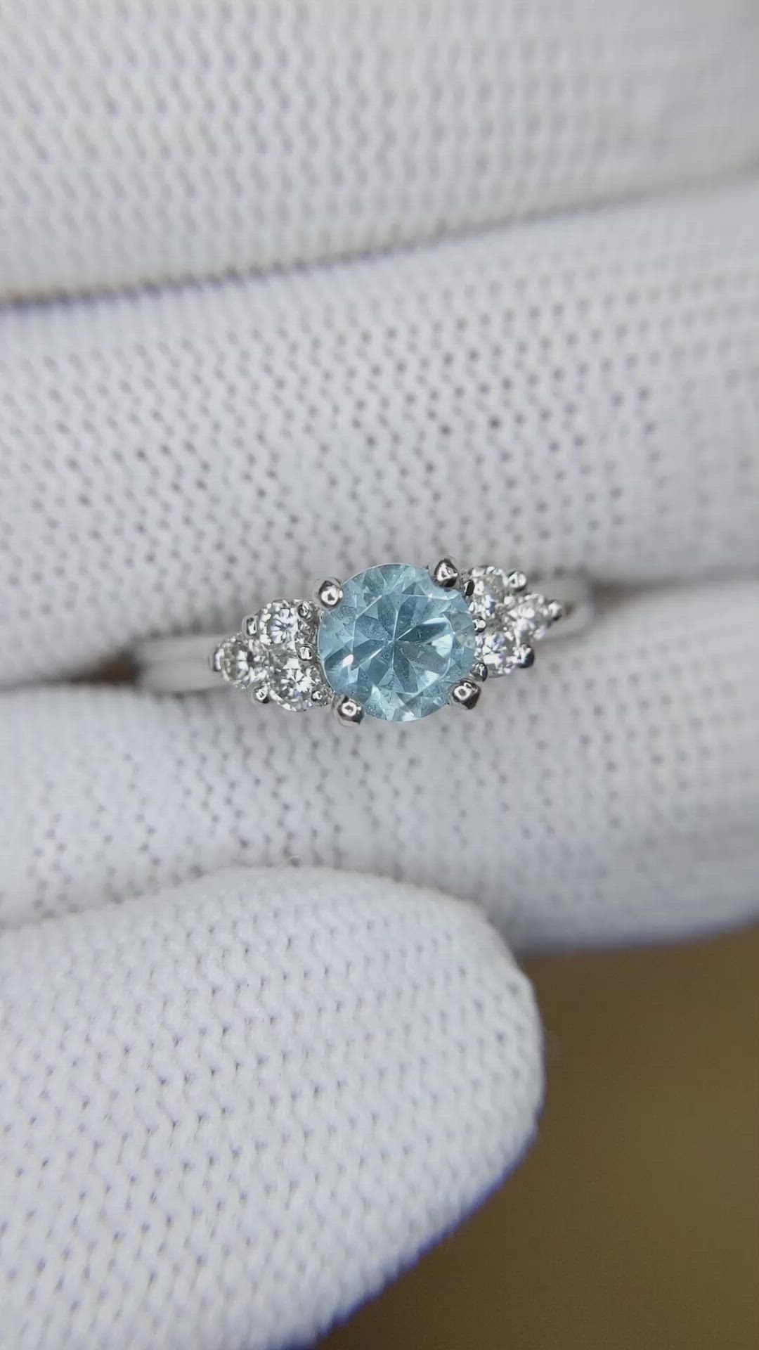 1.74 Ct. Blue Aquamarine and Natural Diamond Three Stone Ring, Platinum 950 Size Video