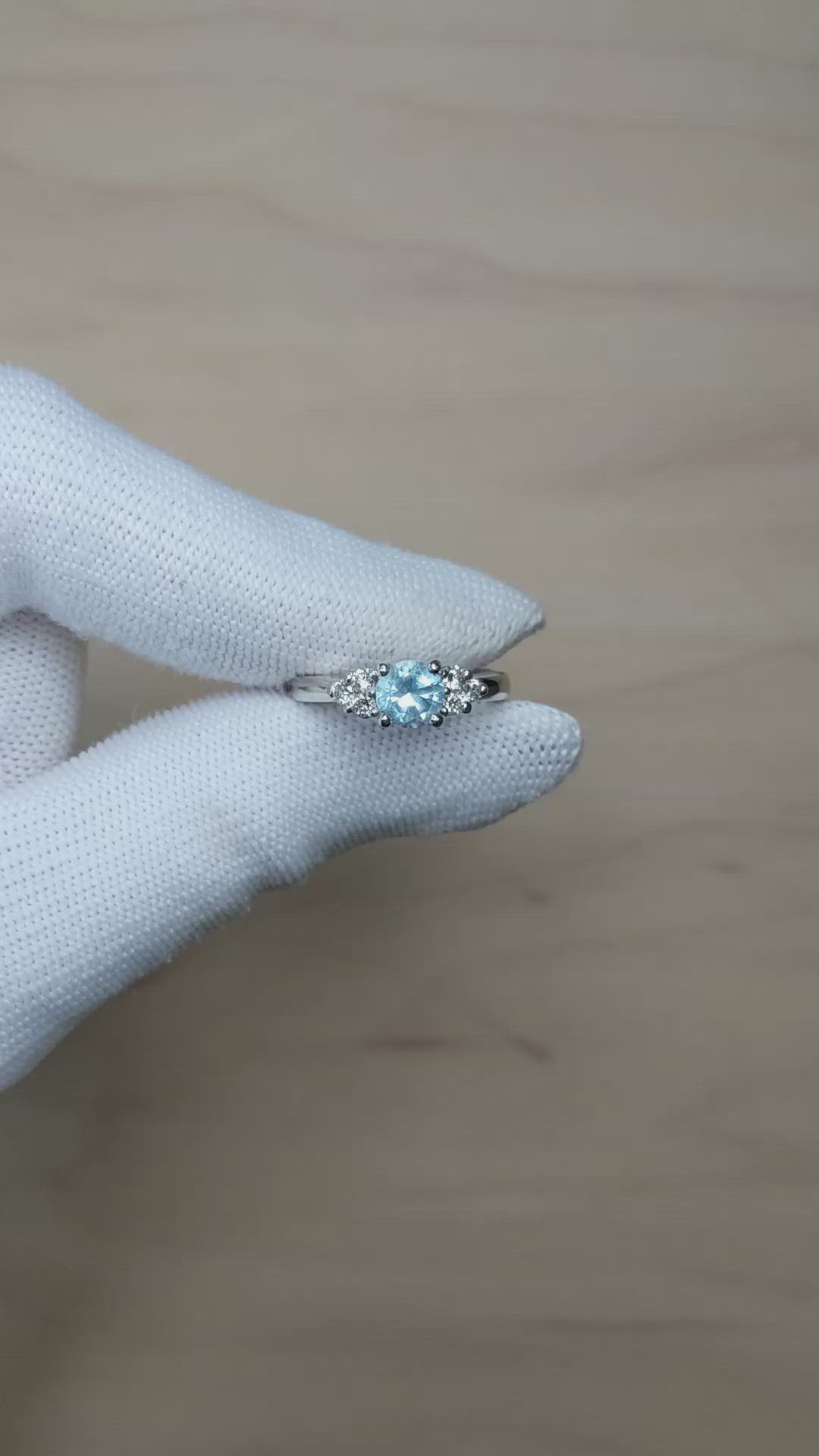 1.74 Ct. Blue Aquamarine and Natural Diamond Three Stone Ring, Platinum 950 Size Video