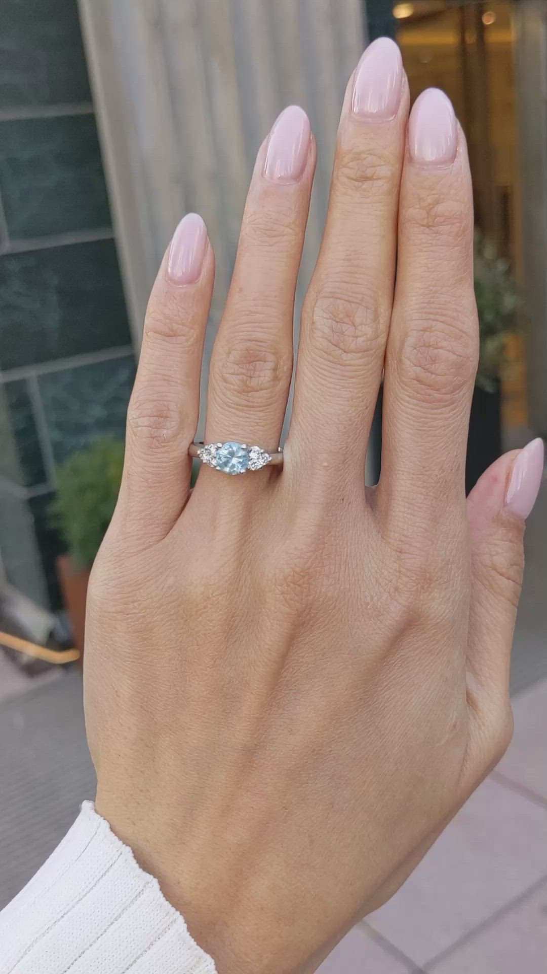 1.74 Ct. Blue Aquamarine and Natural Diamond Three Stone Ring, Platinum 950 Size Video