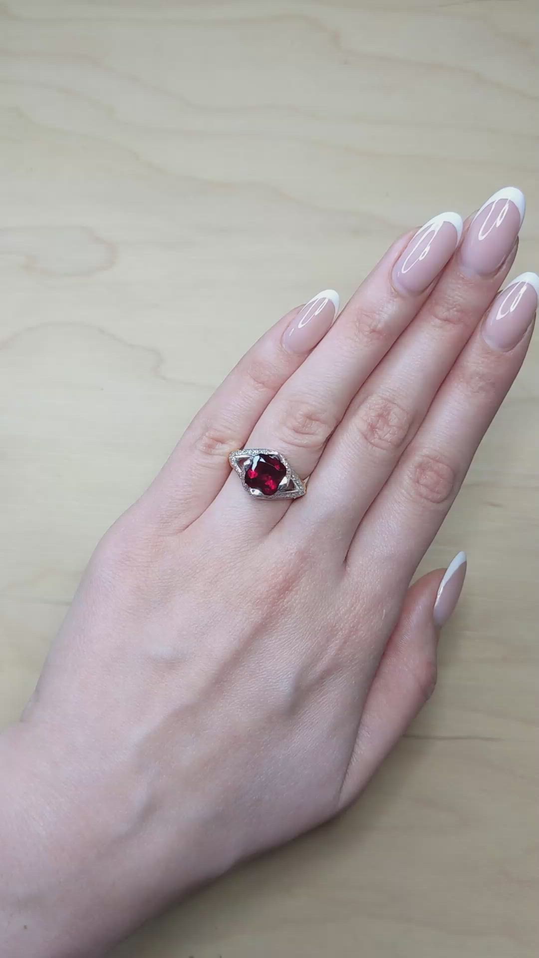 2.98 Ct. Red Rubellite Tourmaline and Natural Diamond Antique Style Ring, 18K Yellow & White Size Video