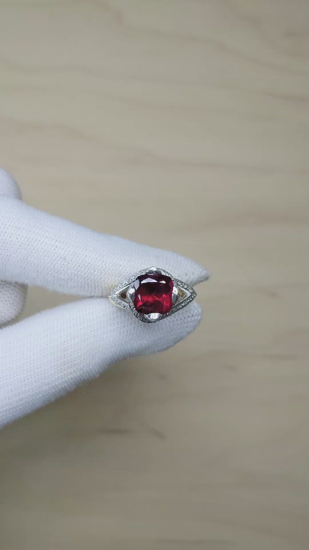 2.98 Ct. Red Rubellite Tourmaline and Natural Diamond Antique Style Ring, 18K Yellow & White Size Video