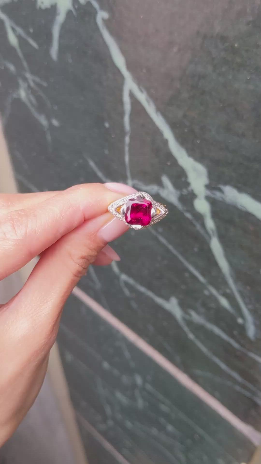 2.98 Ct. Red Rubellite Tourmaline and Natural Diamond Antique Style Ring, 18K Yellow & White Size Video