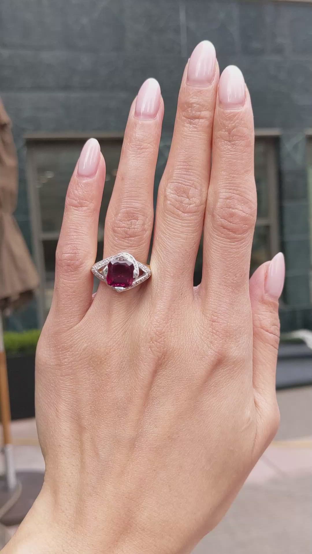 2.98 Ct. Red Rubellite Tourmaline and Natural Diamond Antique Style Ring, 18K Yellow & White Size Video