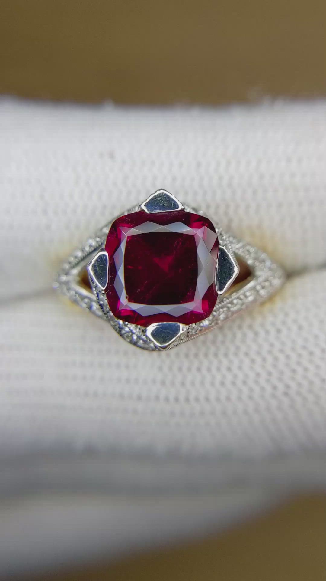 2.98 Ct. Red Rubellite Tourmaline and Natural Diamond Antique Style Ring, 18K Yellow & White Size Video