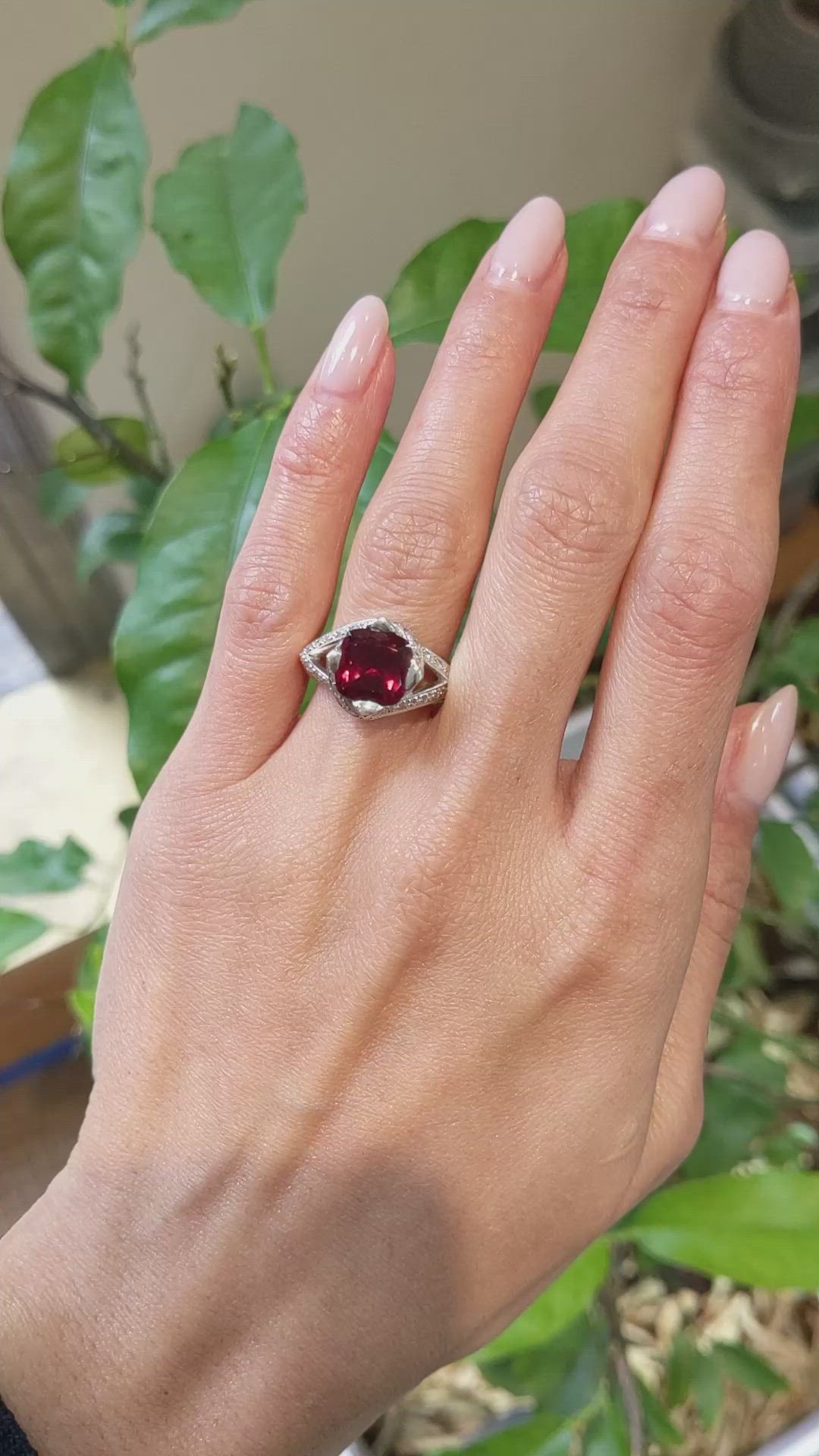 2.98 Ct. Red Rubellite Tourmaline and Natural Diamond Antique Style Ring, 18K Yellow & White Size Video