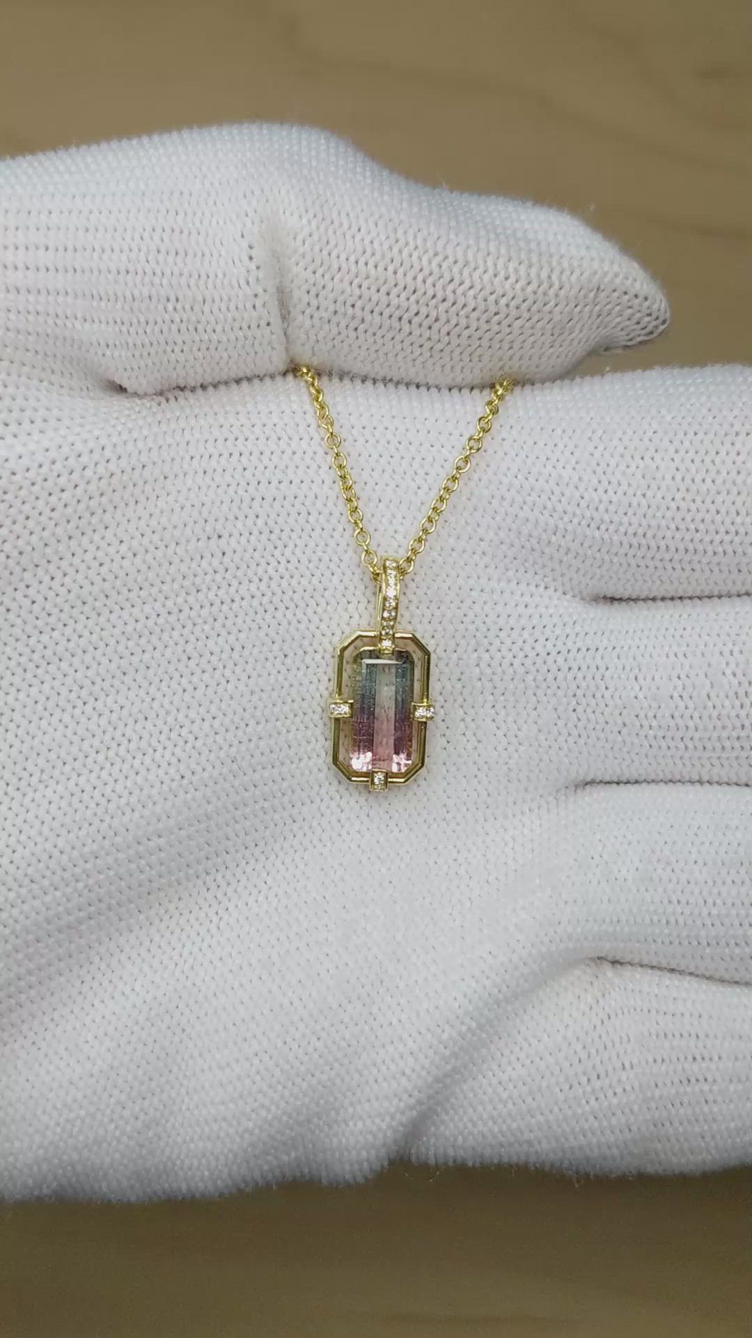 2.00 Ct. Watermelon Tourmaline and Natural Diamond Pave Pendant, 18K Yellow Gold Size Video