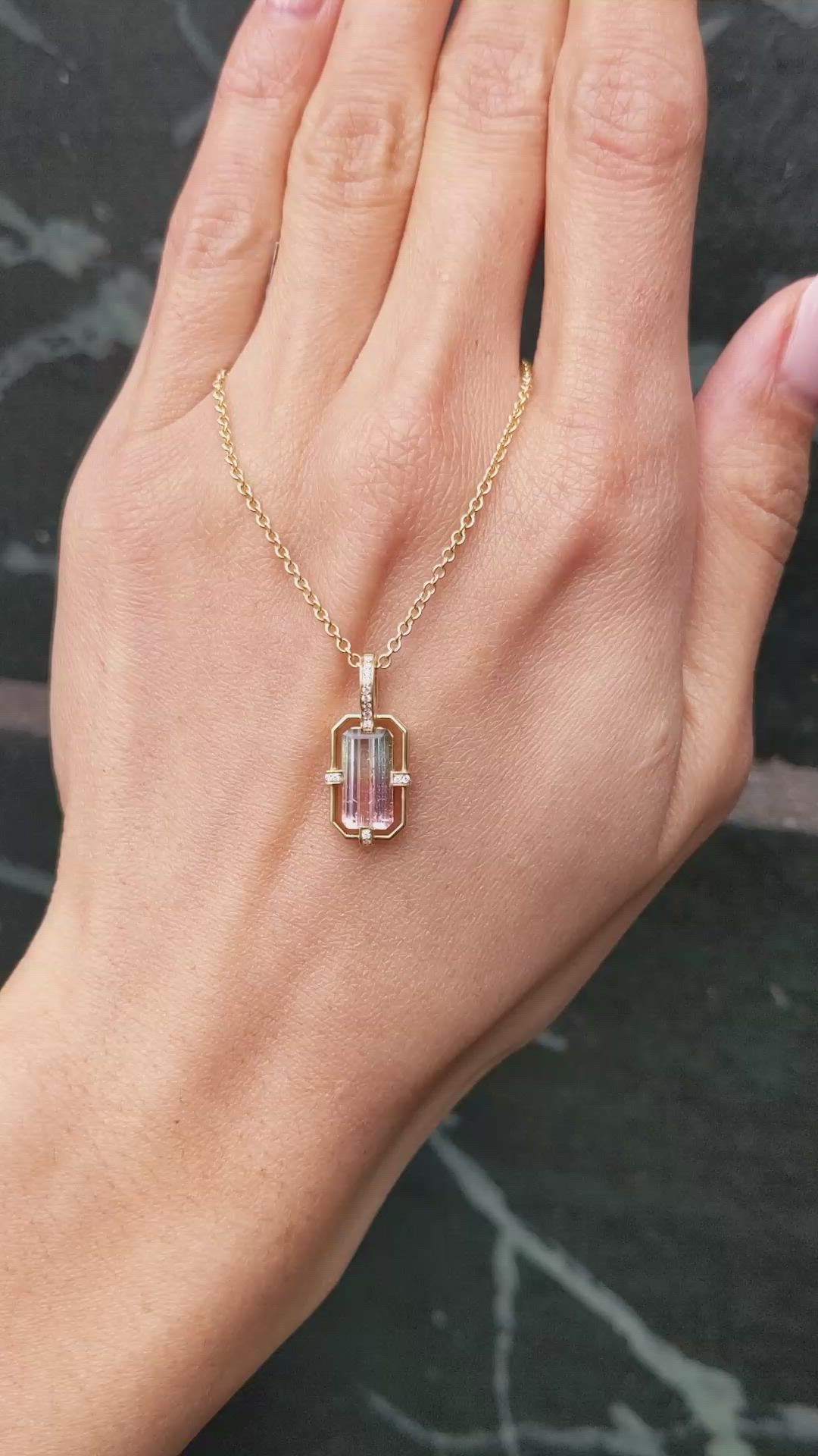 2.00 Ct. Watermelon Tourmaline and Natural Diamond Pave Pendant, 18K Yellow Gold Size Video