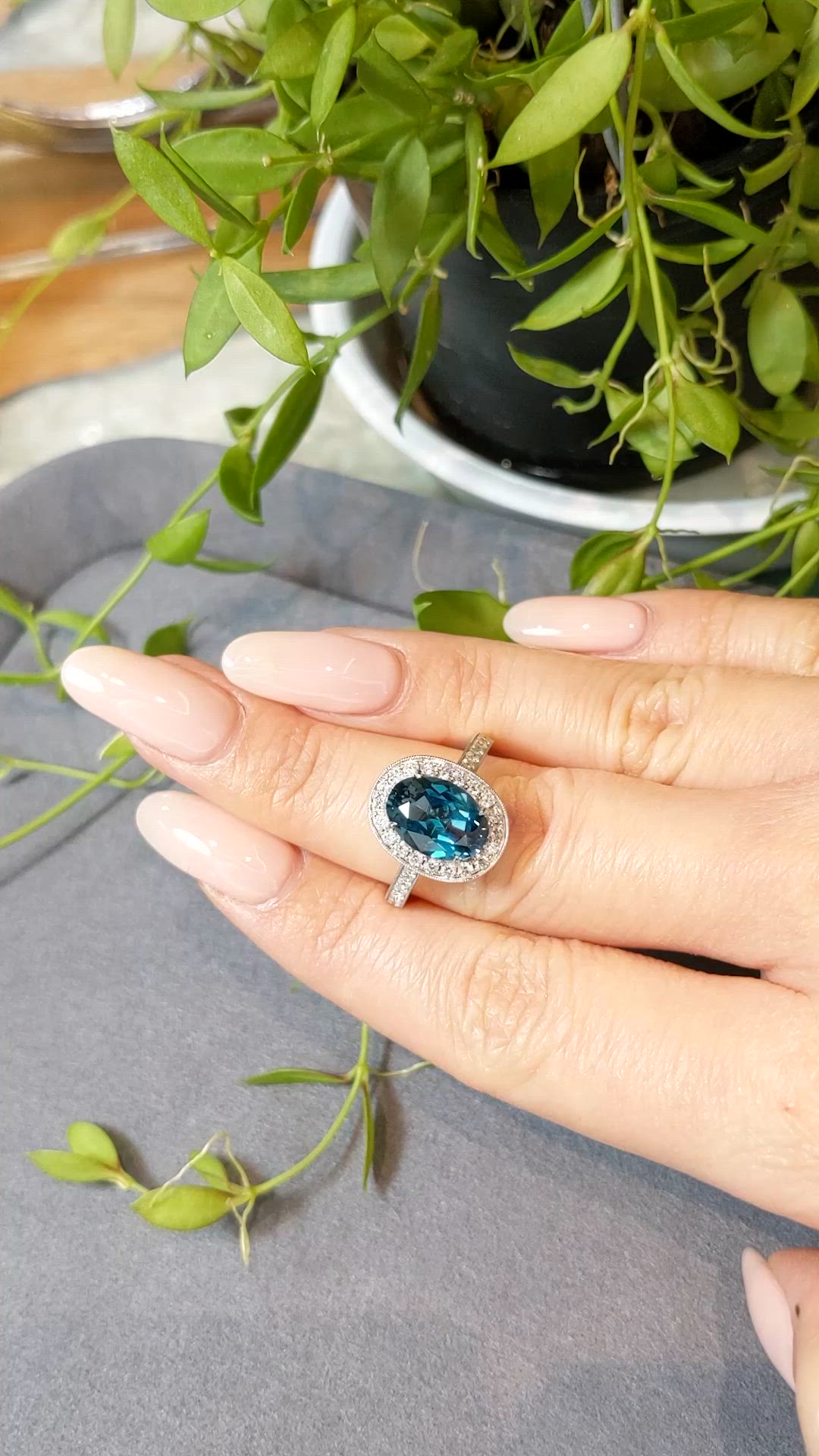 4.03 Ct. London Blue Topaz and Natural Diamond Pave Ring, 18K White Gold Size Video