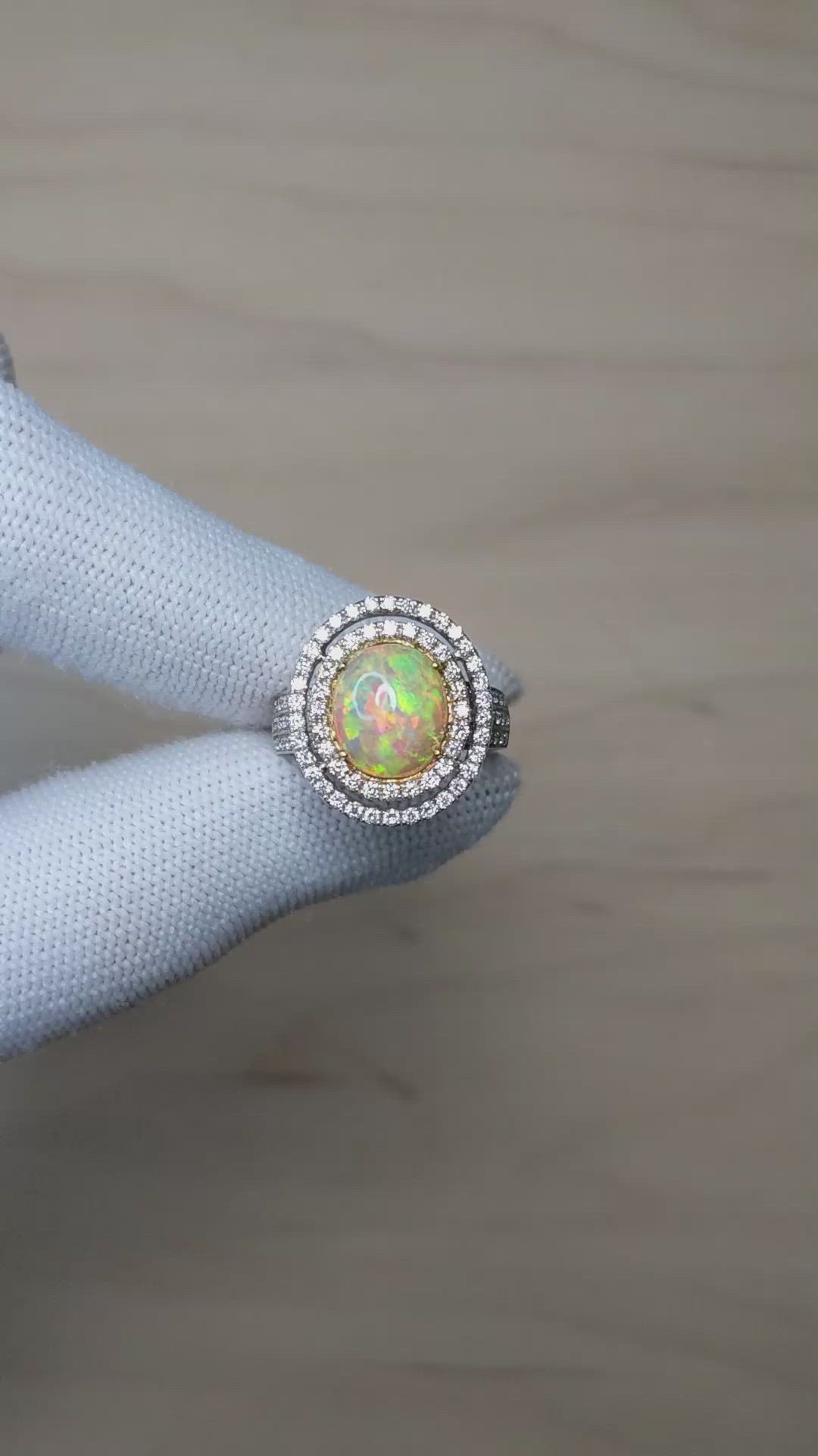 2.07 Ct. Multi Color Opal and Natural Diamond Pave Ring, 18K White Gold Size Video