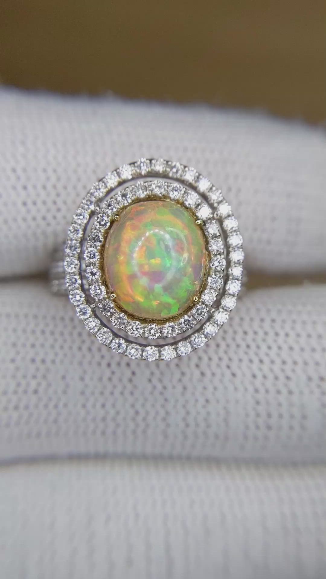 2.07 Ct. Multi Color Opal and Natural Diamond Pave Ring, 18K White Gold Size Video