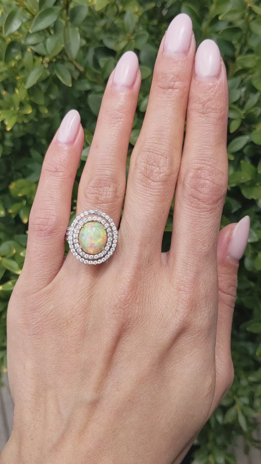 2.07 Ct. Multi Color Opal and Natural Diamond Pave Ring, 18K White Gold Size Video