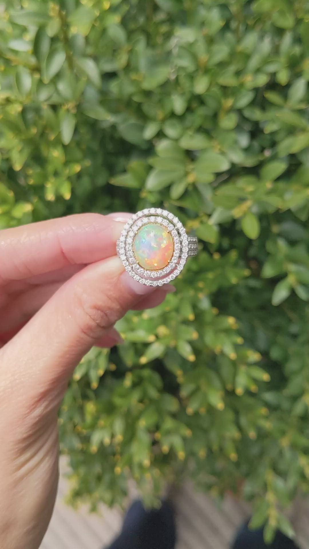 2.07 Ct. Multi Color Opal and Natural Diamond Pave Ring, 18K White Gold Size Video