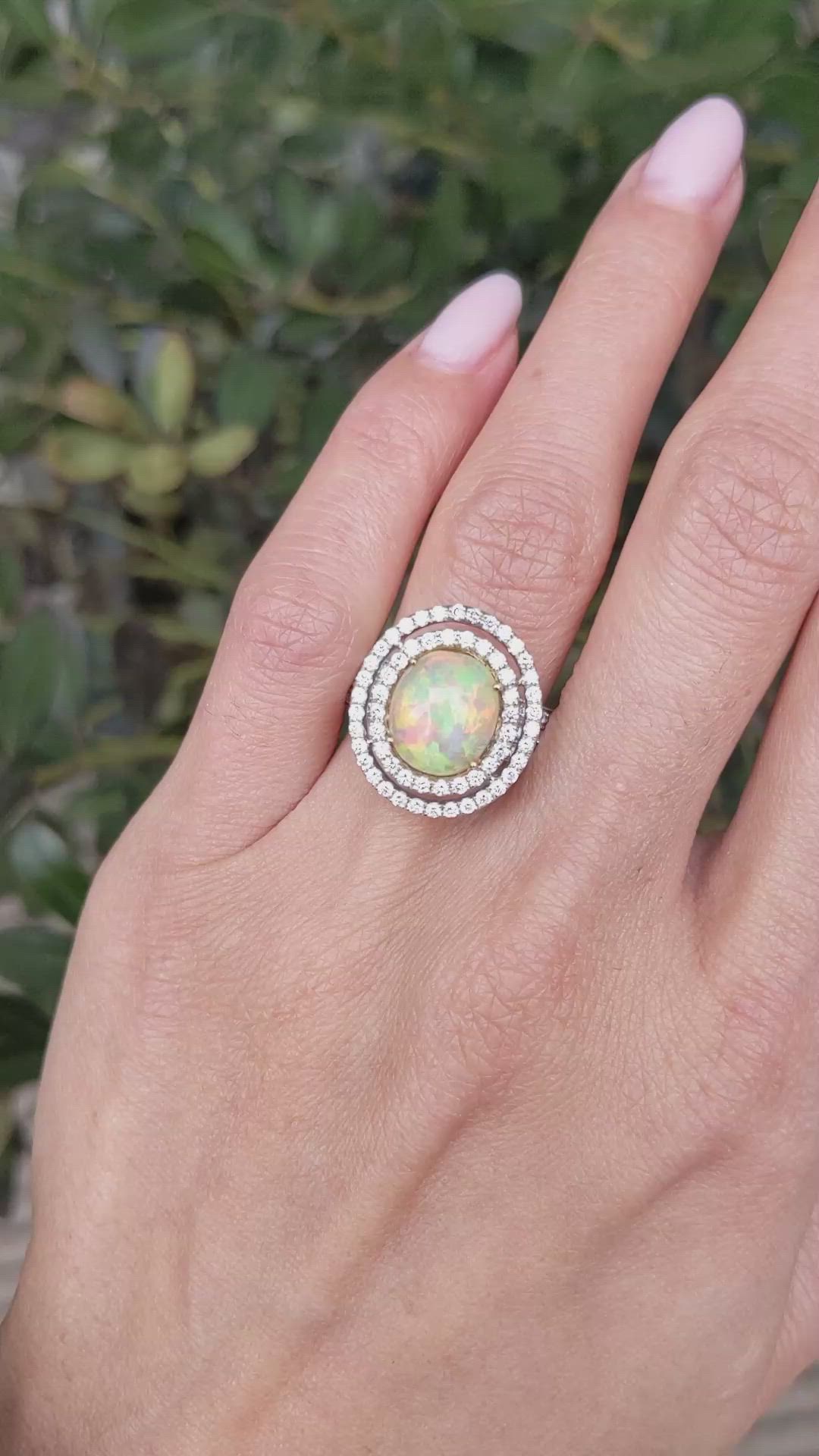 2.07 Ct. Multi Color Opal and Natural Diamond Pave Ring, 18K White Gold Size Video