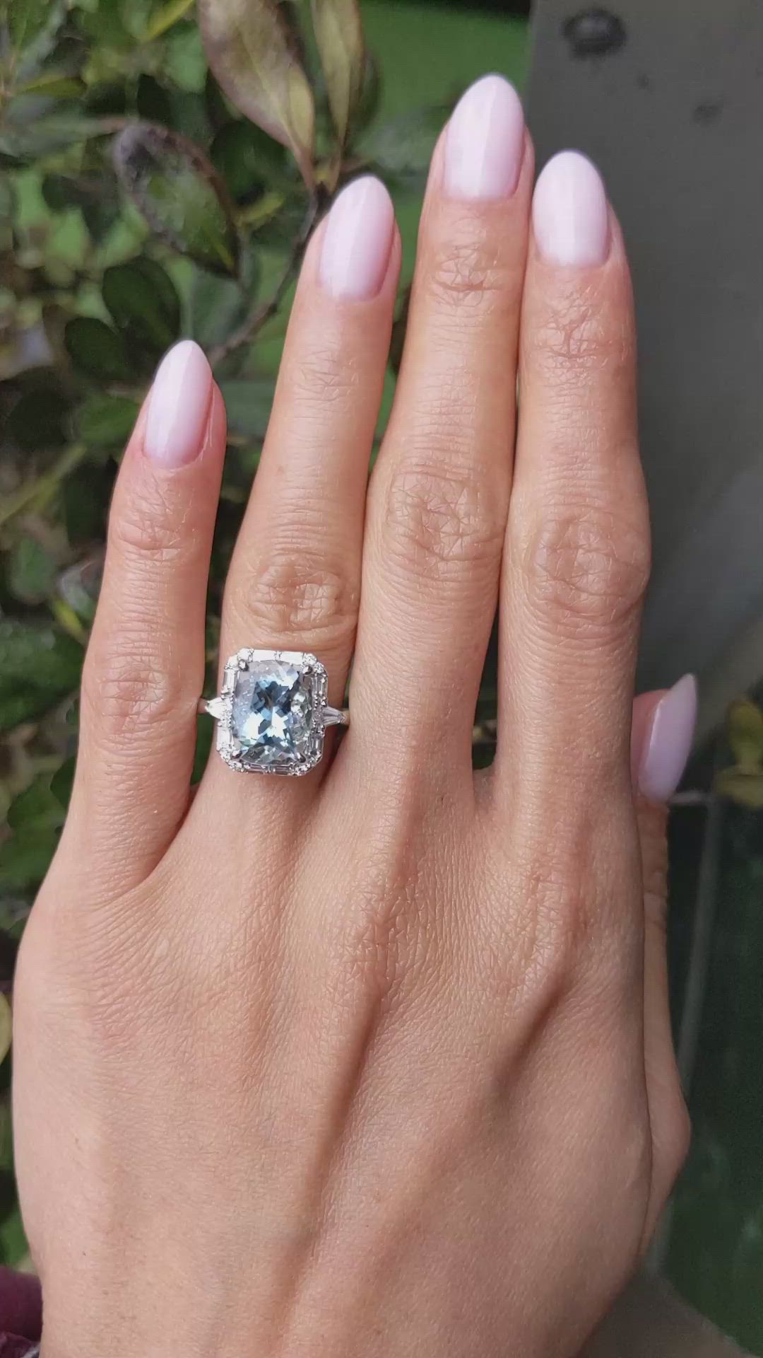 4.01 Ct. Blue Aquamarine and Natural Diamond Pave Ring, 18K White Gold Size Video