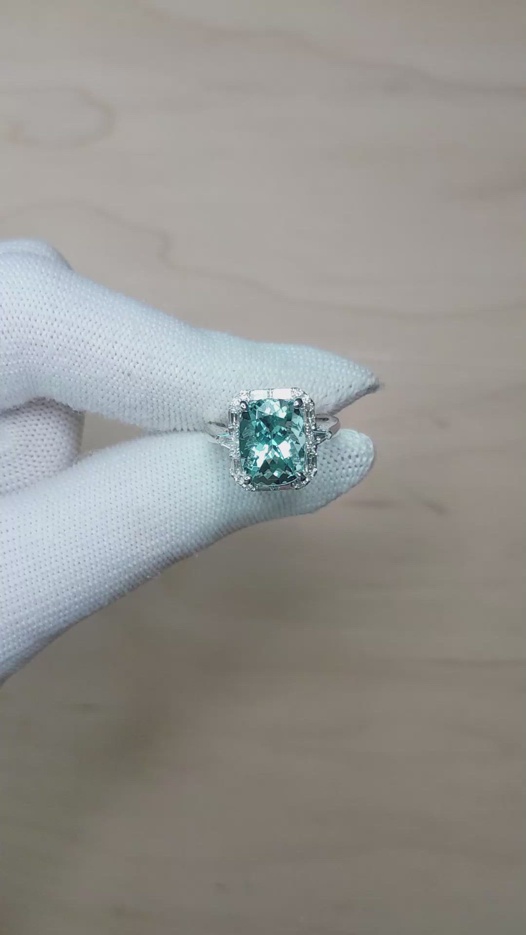 4.01 Ct. Blue Aquamarine and Natural Diamond Pave Ring, 18K White Gold Size Video