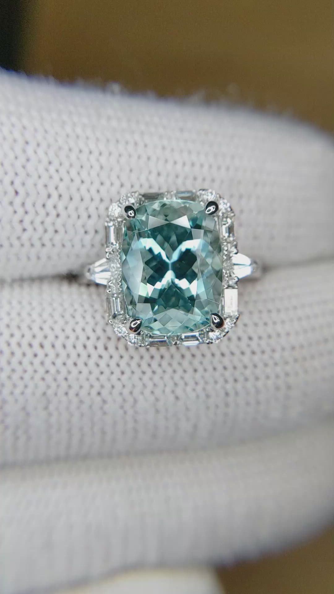 4.01 Ct. Blue Aquamarine and Natural Diamond Pave Ring, 18K White Gold Size Video