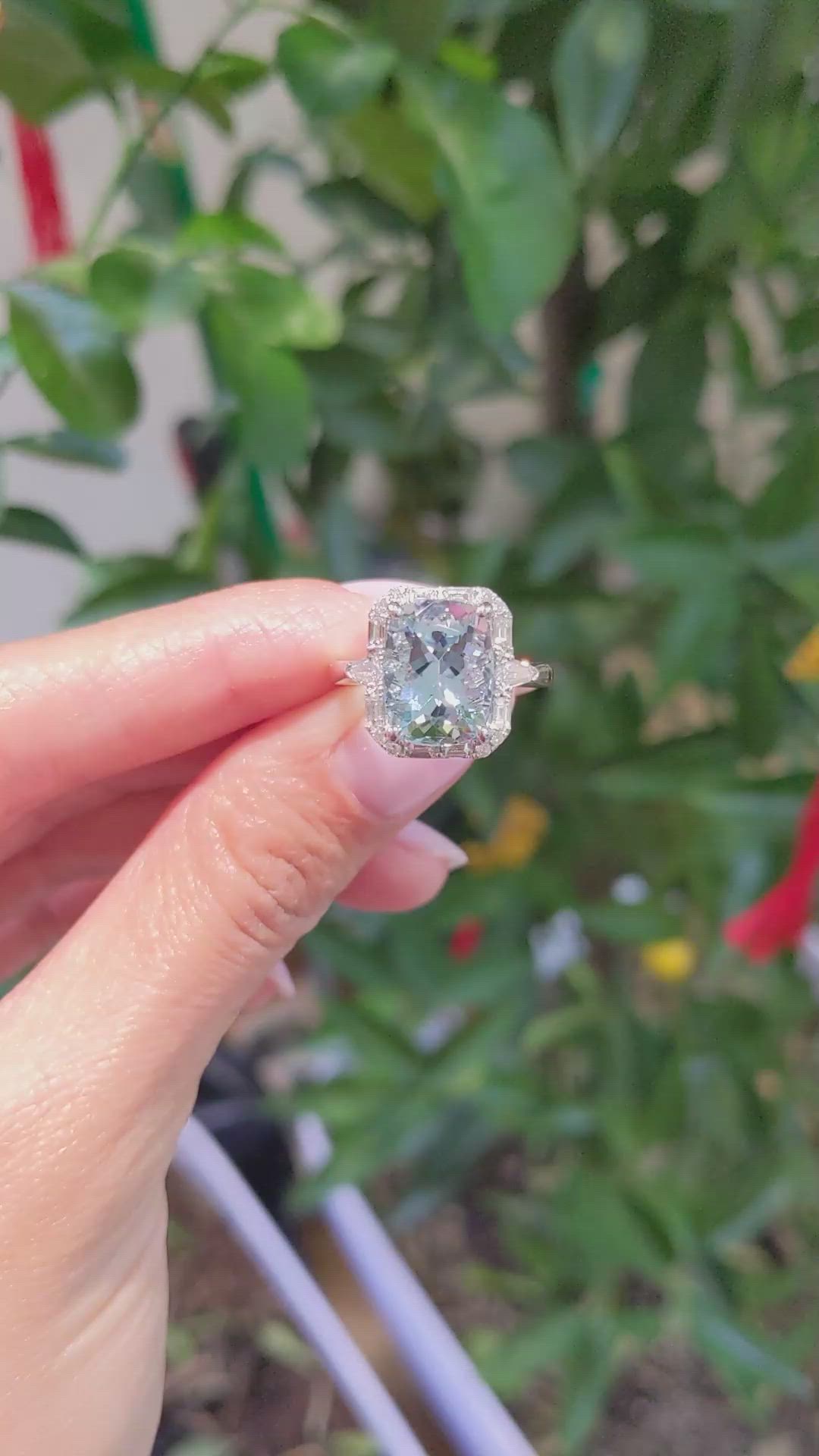 4.01 Ct. Blue Aquamarine and Natural Diamond Pave Ring, 18K White Gold Size Video