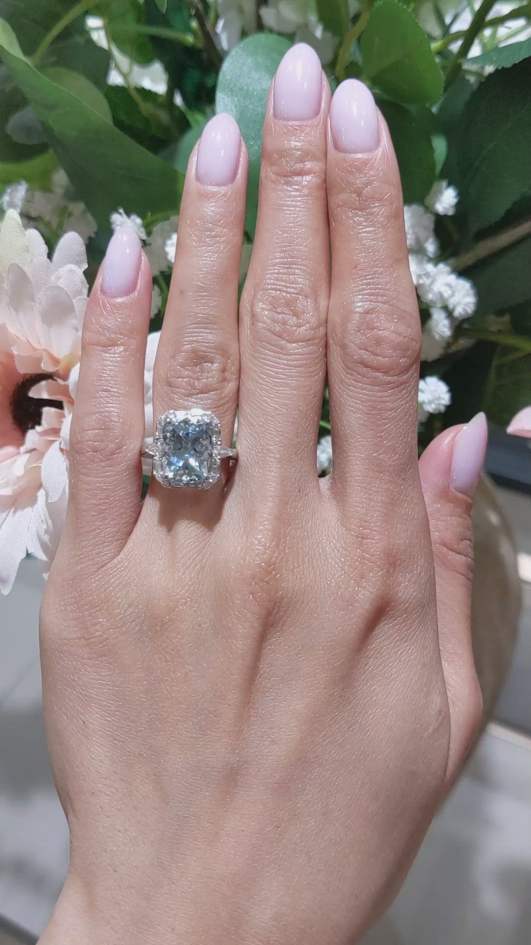 4.01 Ct. Blue Aquamarine and Natural Diamond Pave Ring, 18K White Gold Size Video