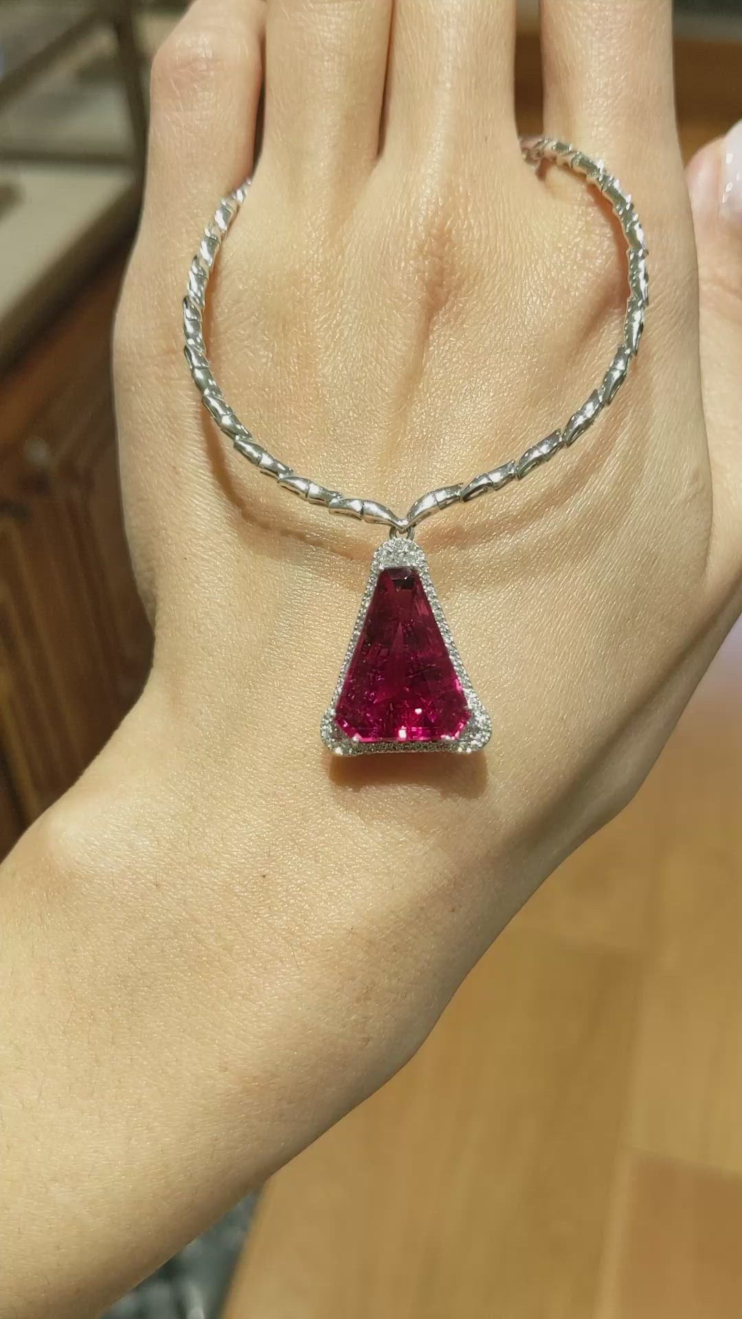 14.00 Ct. Pink Tourmaline and Natural Diamond Pave Necklace, 18K White Gold Size Video