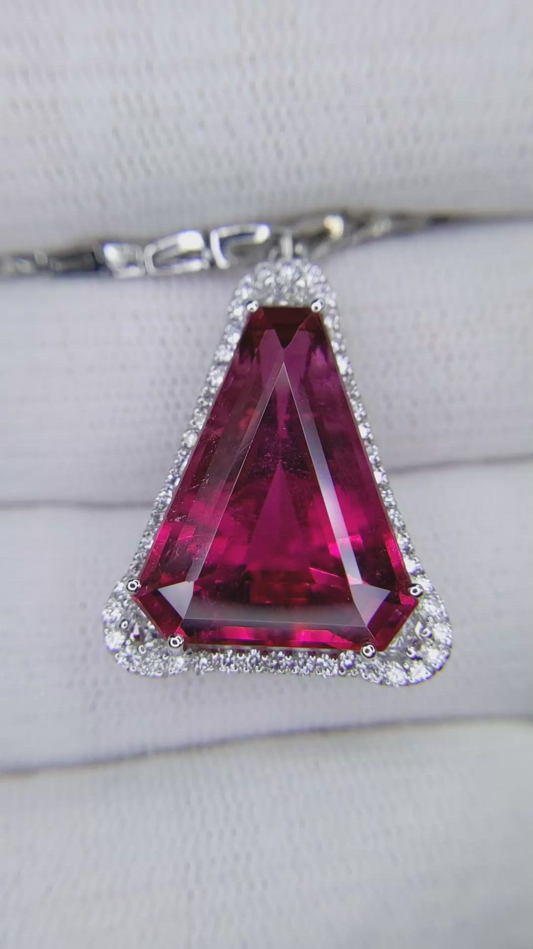 14.00 Ct. Pink Tourmaline and Natural Diamond Pave Necklace, 18K White Gold Size Video