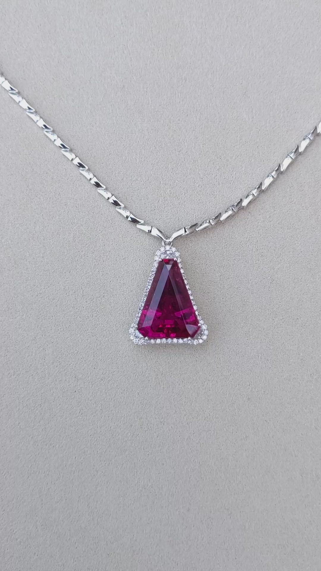 14.00 Ct. Pink Tourmaline and Natural Diamond Pave Necklace, 18K White Gold Size Video