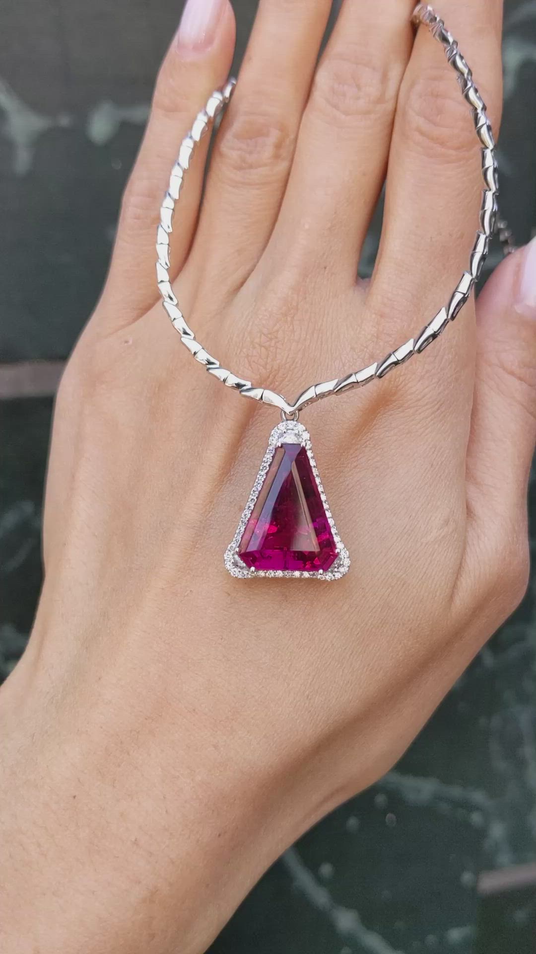 14.00 Ct. Pink Tourmaline and Natural Diamond Pave Necklace, 18K White Gold Size Video