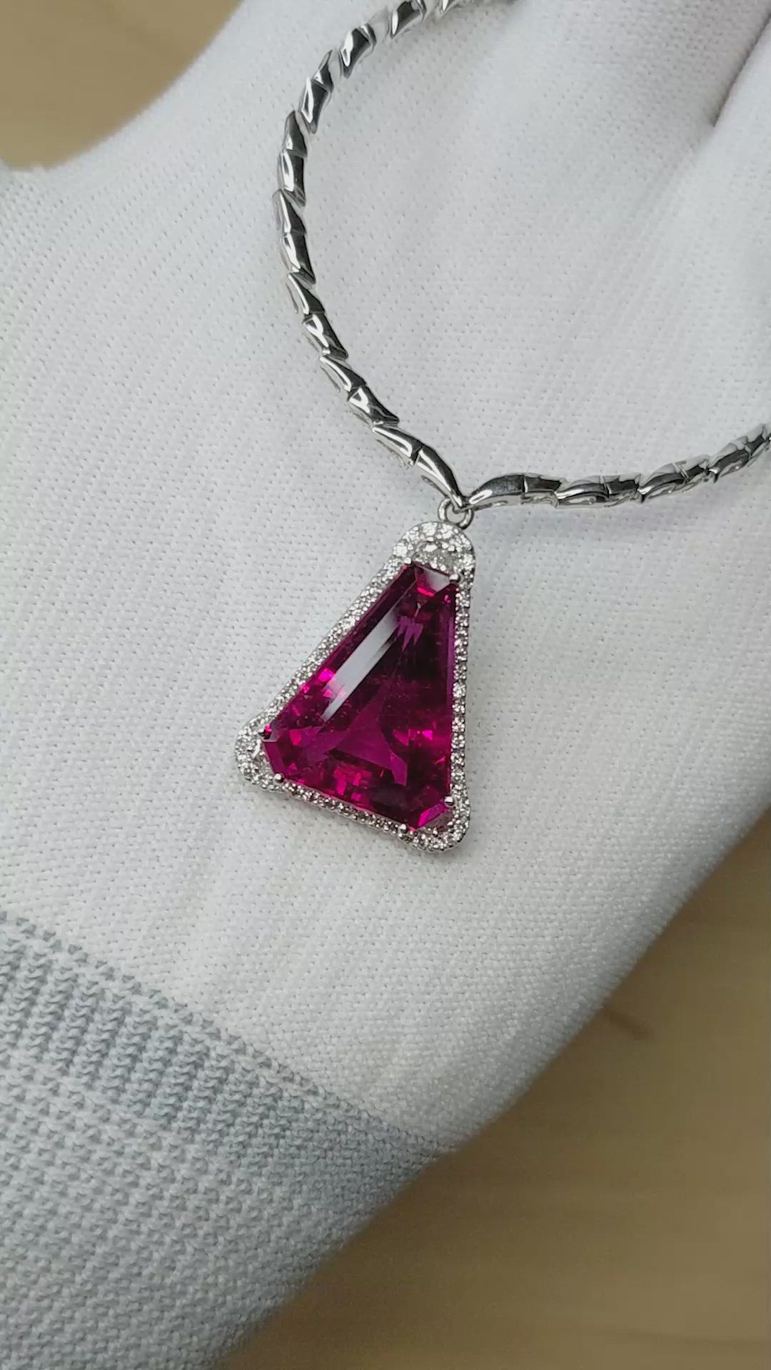 14.00 Ct. Pink Tourmaline and Natural Diamond Pave Necklace, 18K White Gold Size Video
