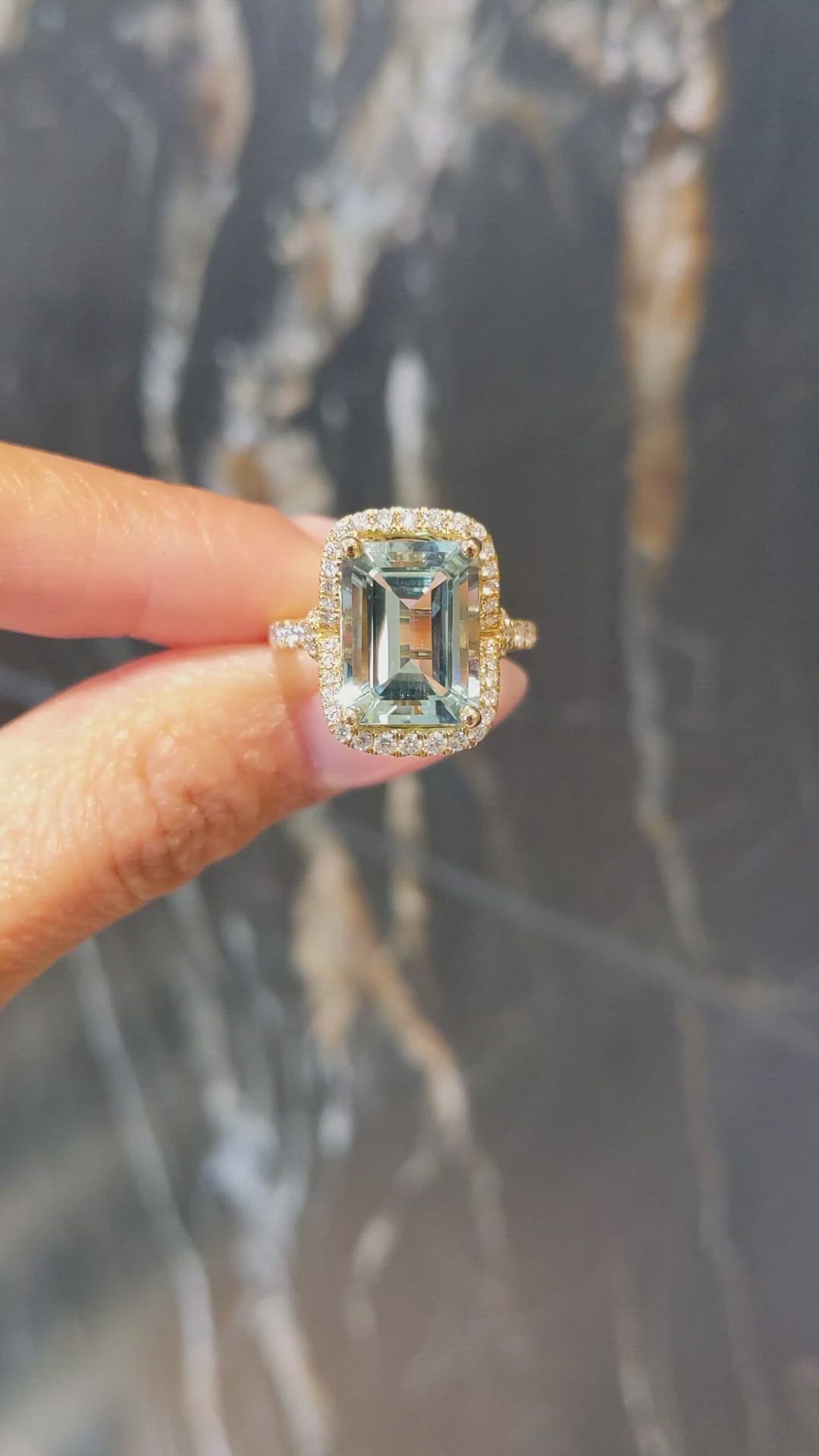 4.44 Ct. Blue Aquamarine and Natural Diamond Pave Ring, 18K Yellow Gold Size Video
