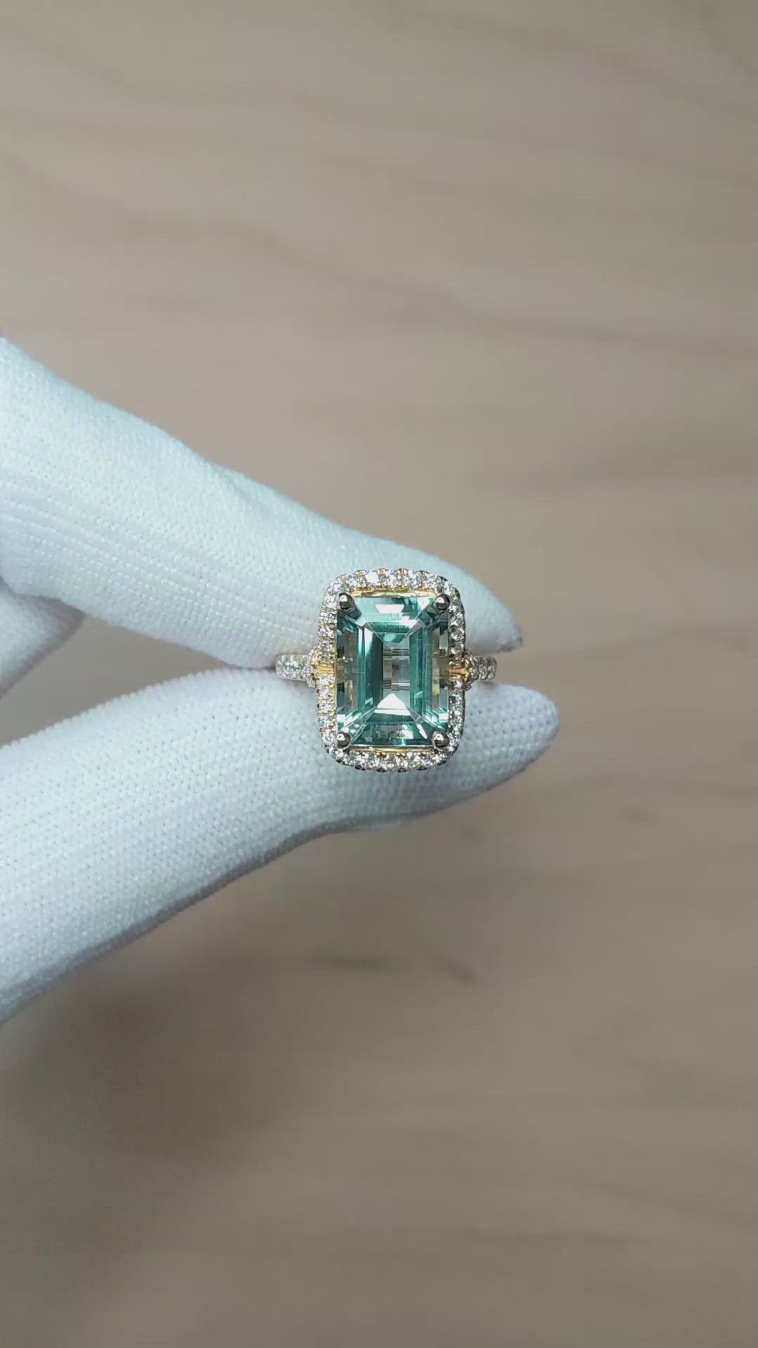 4.44 Ct. Blue Aquamarine and Natural Diamond Pave Ring, 18K Yellow Gold Size Video