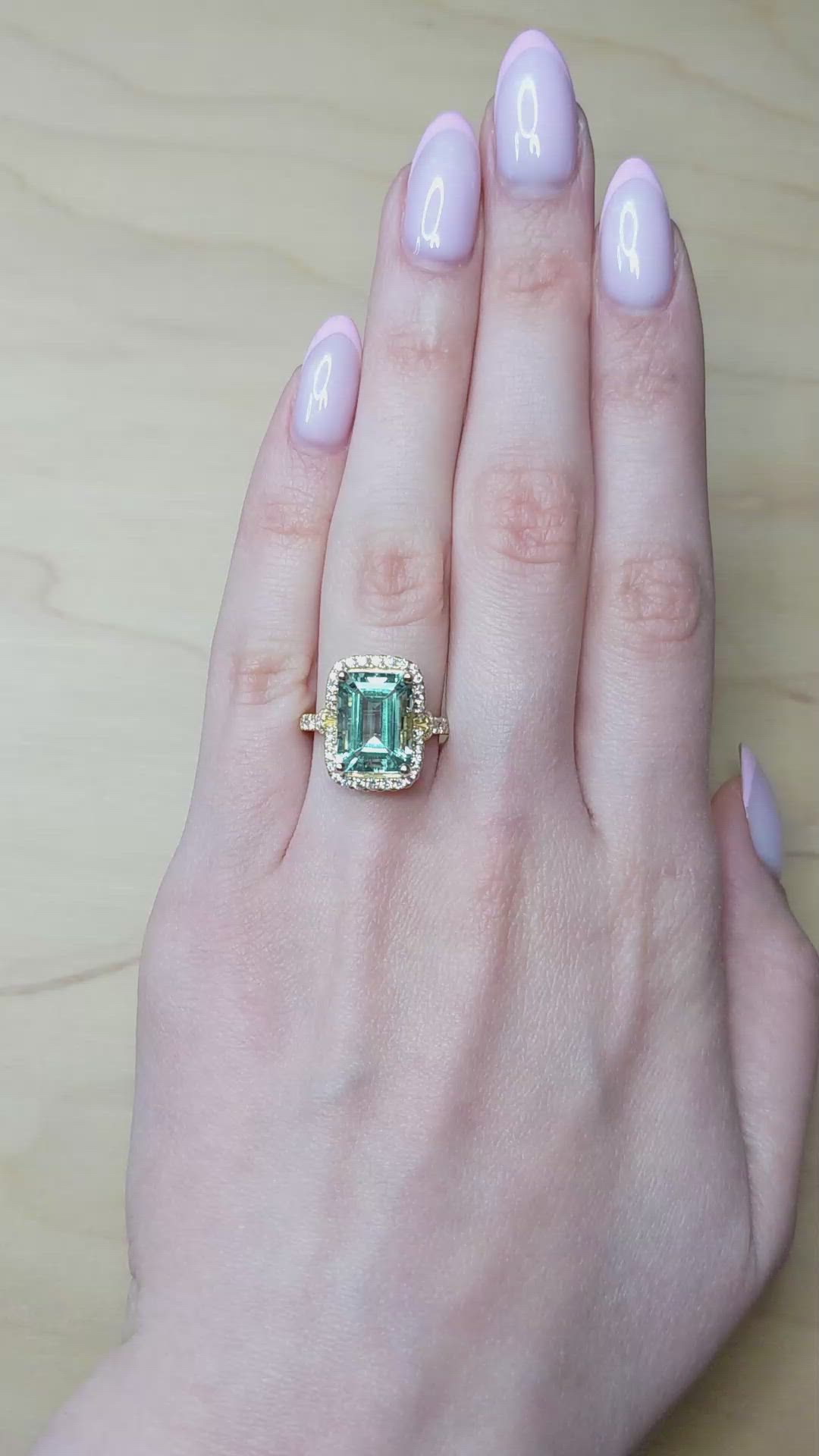 4.44 Ct. Blue Aquamarine and Natural Diamond Pave Ring, 18K Yellow Gold Size Video