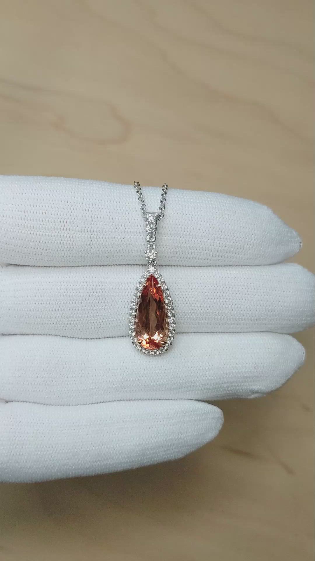 4.29 Ct. Pinkish Orange Imperial Topaz and Natural Diamond Pave Pendant, 18K White & Yellow Size Video