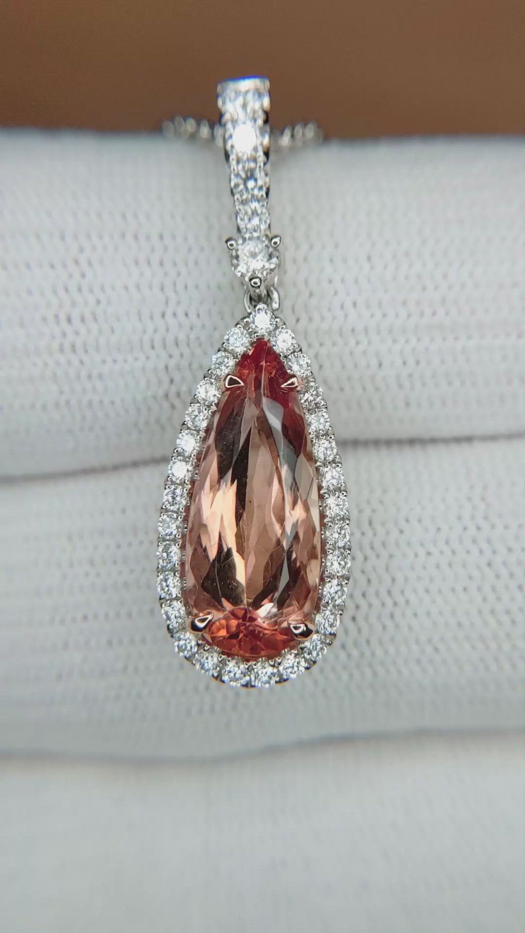 4.29 Ct. Pinkish Orange Imperial Topaz and Natural Diamond Pave Pendant, 18K White & Yellow Size Video