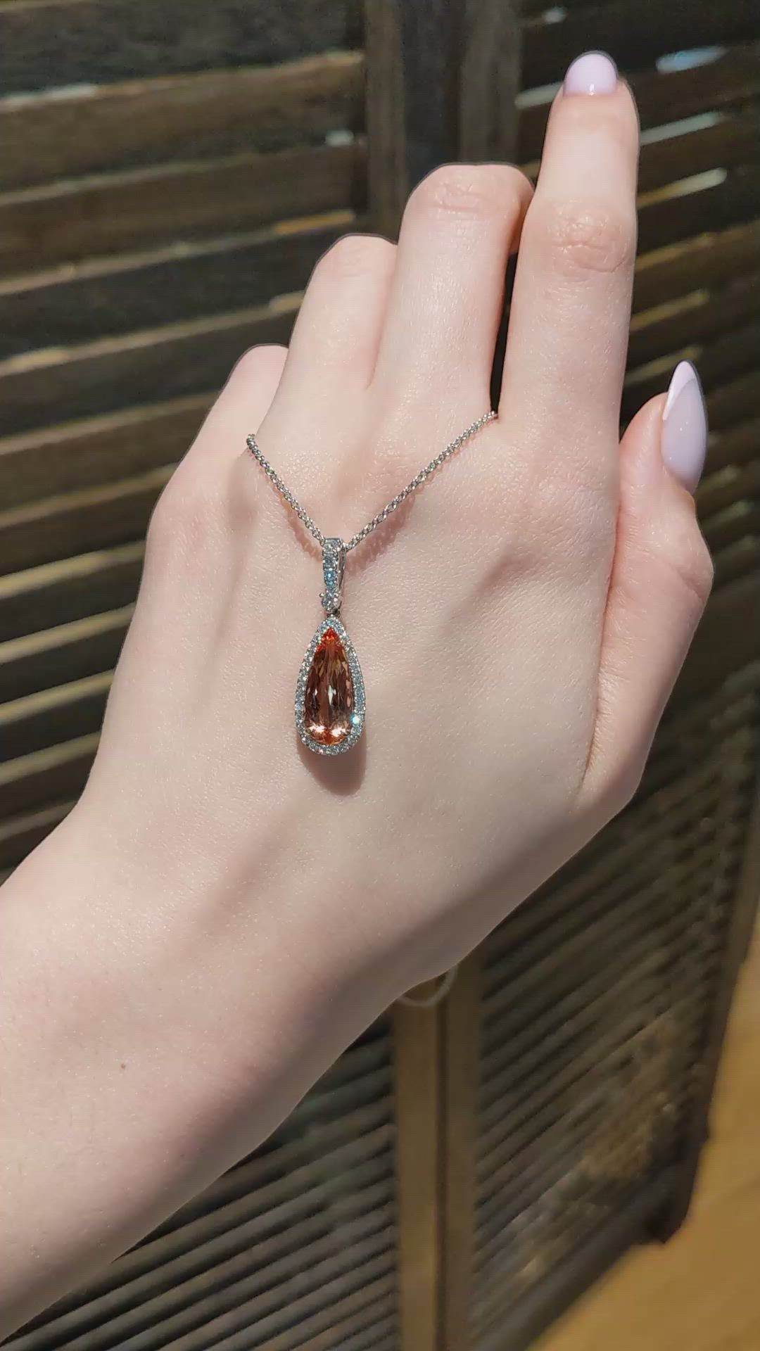 4.29 Ct. Pinkish Orange Imperial Topaz and Natural Diamond Pave Pendant, 18K White & Yellow Size Video