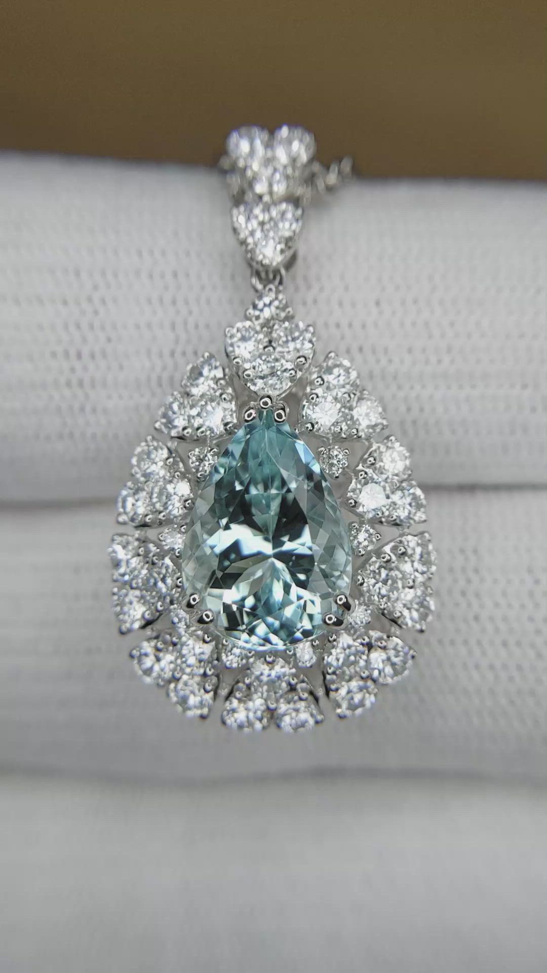 3.74 Ct. Blue Aquamarine and Natural Diamond Pave Pendant, 14K White Gold Size Video