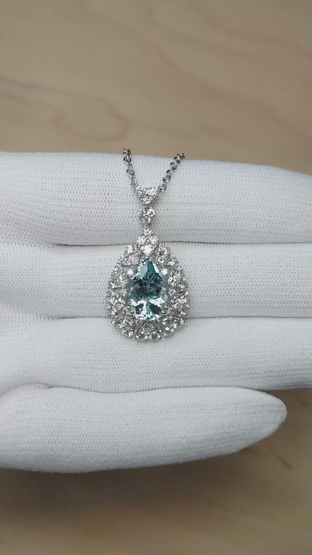 3.74 Ct. Blue Aquamarine and Natural Diamond Pave Pendant, 14K White Gold Size Video