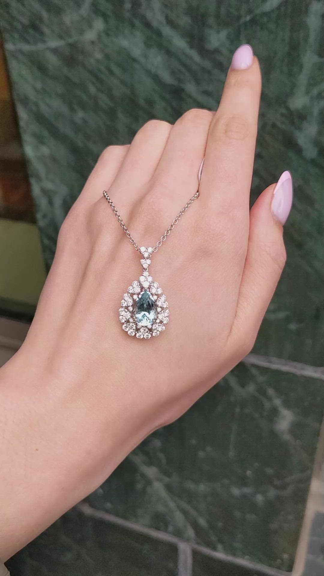 3.74 Ct. Blue Aquamarine and Natural Diamond Pave Pendant, 14K White Gold Size Video